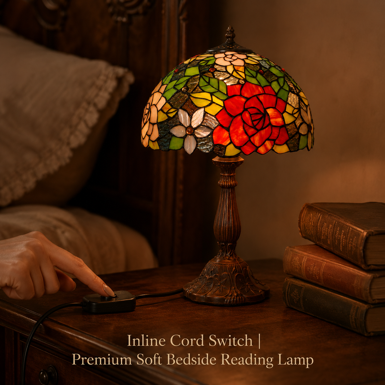 Rose floral Tiffany lamp used as a bedside reading light with soft warm illumination