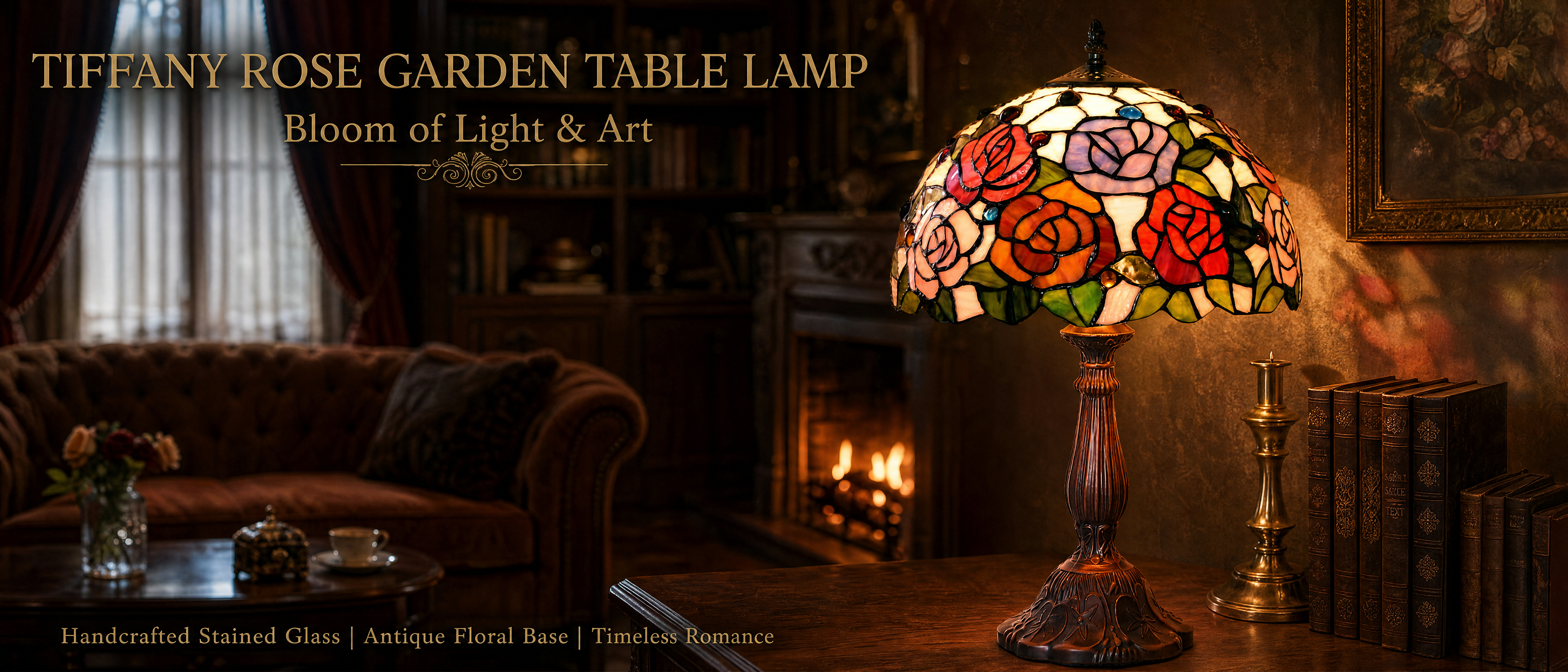 Vintage rose garden Tiffany lamp displayed in a classic living room with warm ambient lighting and elegant home decor