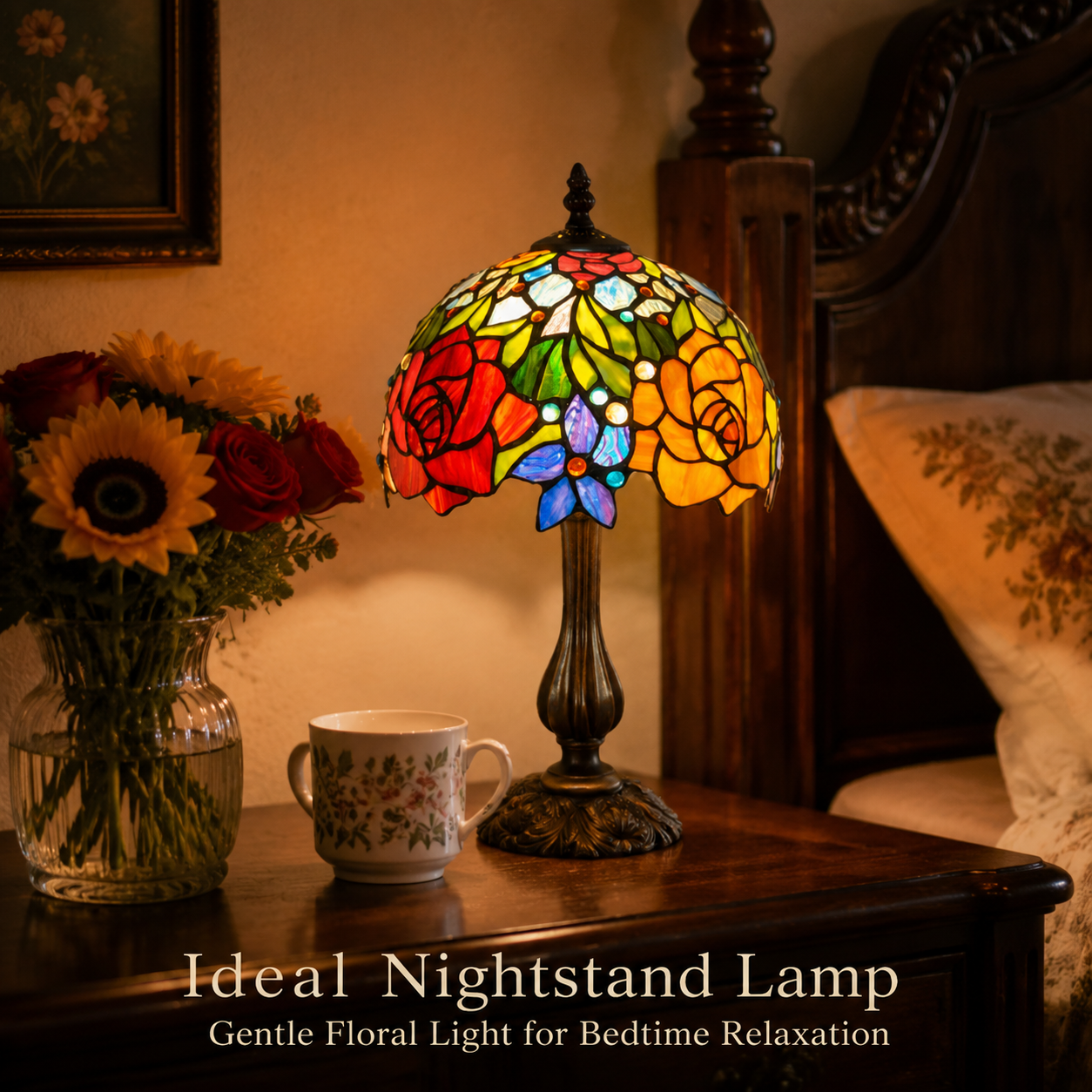 Warm rose stained glass nightstand lamp beside flowers and a teacup, designed for cozy evening bedroom lighting