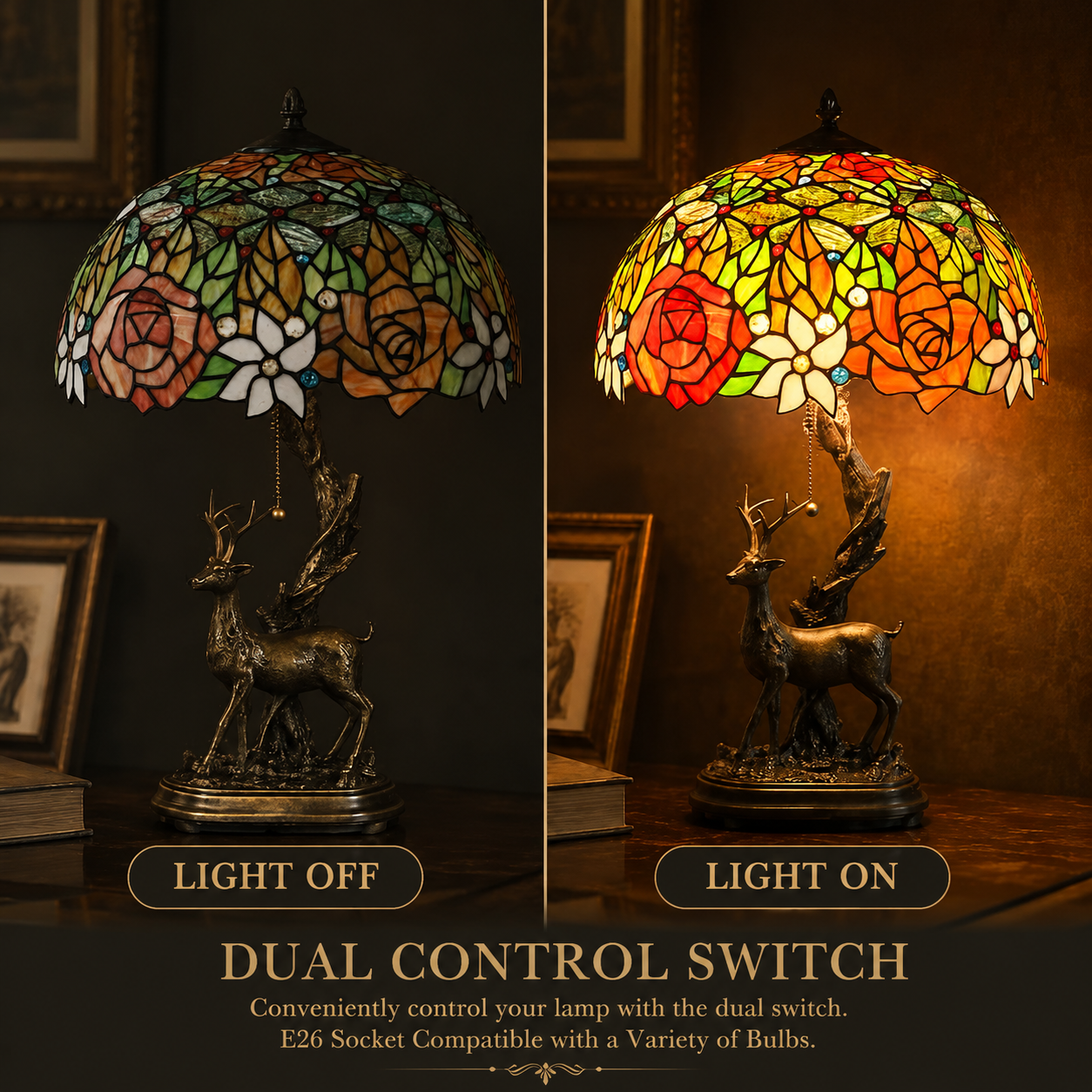Rose Tiffany lamp showing stained glass illumination effect with warm ambient glow when switched on and off