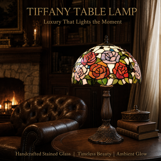 Rose Tiffany table lamp used as vintage home decor lighting for bedroom and living spaces