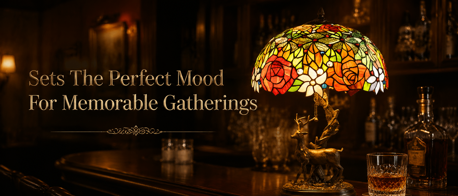 Rose Tiffany table lamp with stained glass shade creating warm ambient lighting in a vintage bar and lounge interior