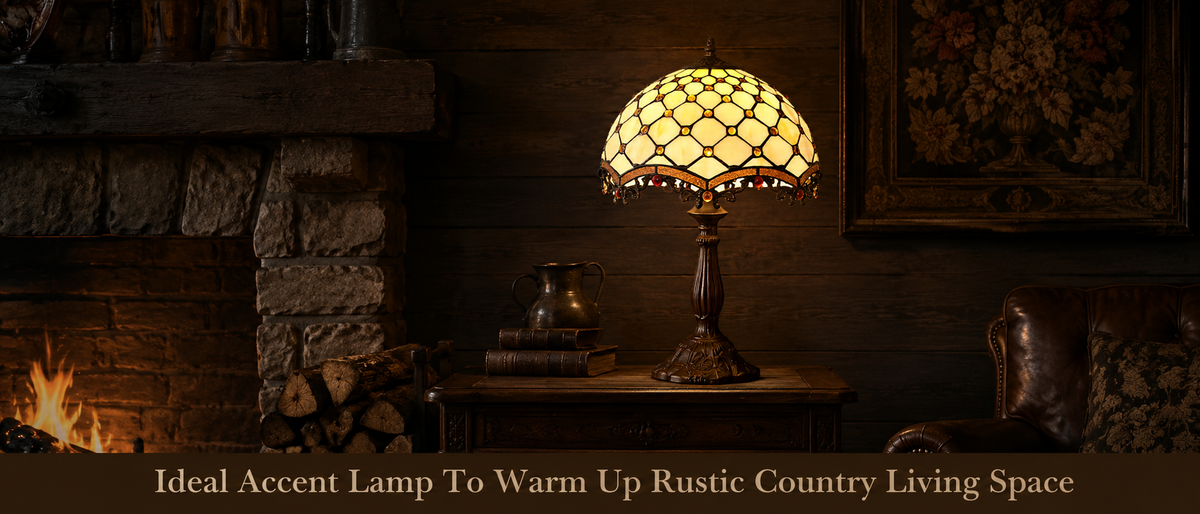 Stained glass table lamp adding cozy warm lighting to a rustic living room with fireplace and classic wooden furniture
