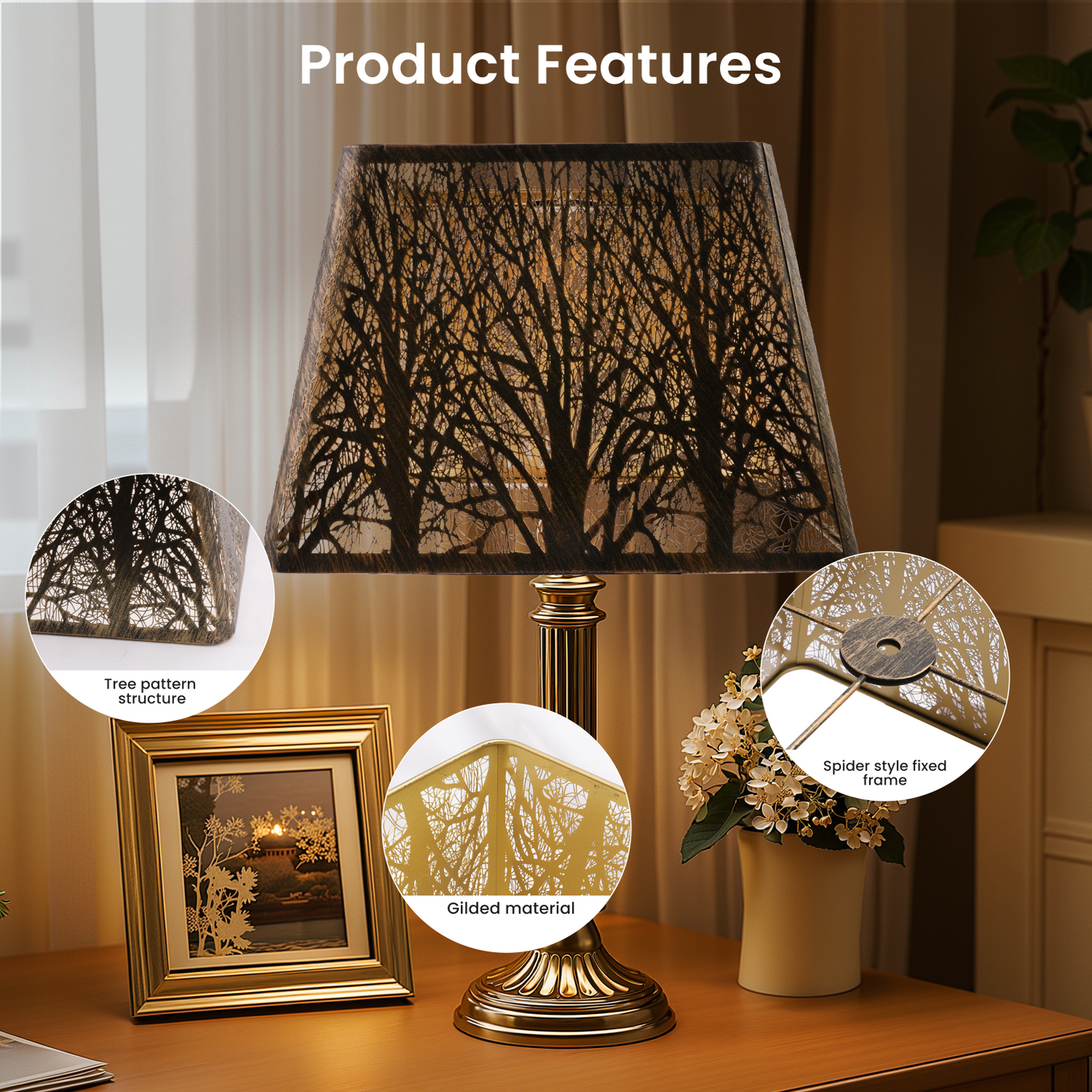 Close-up of etched woodland texture on rustic square metal lamp shade with distressed bronze and subtle gold highlights