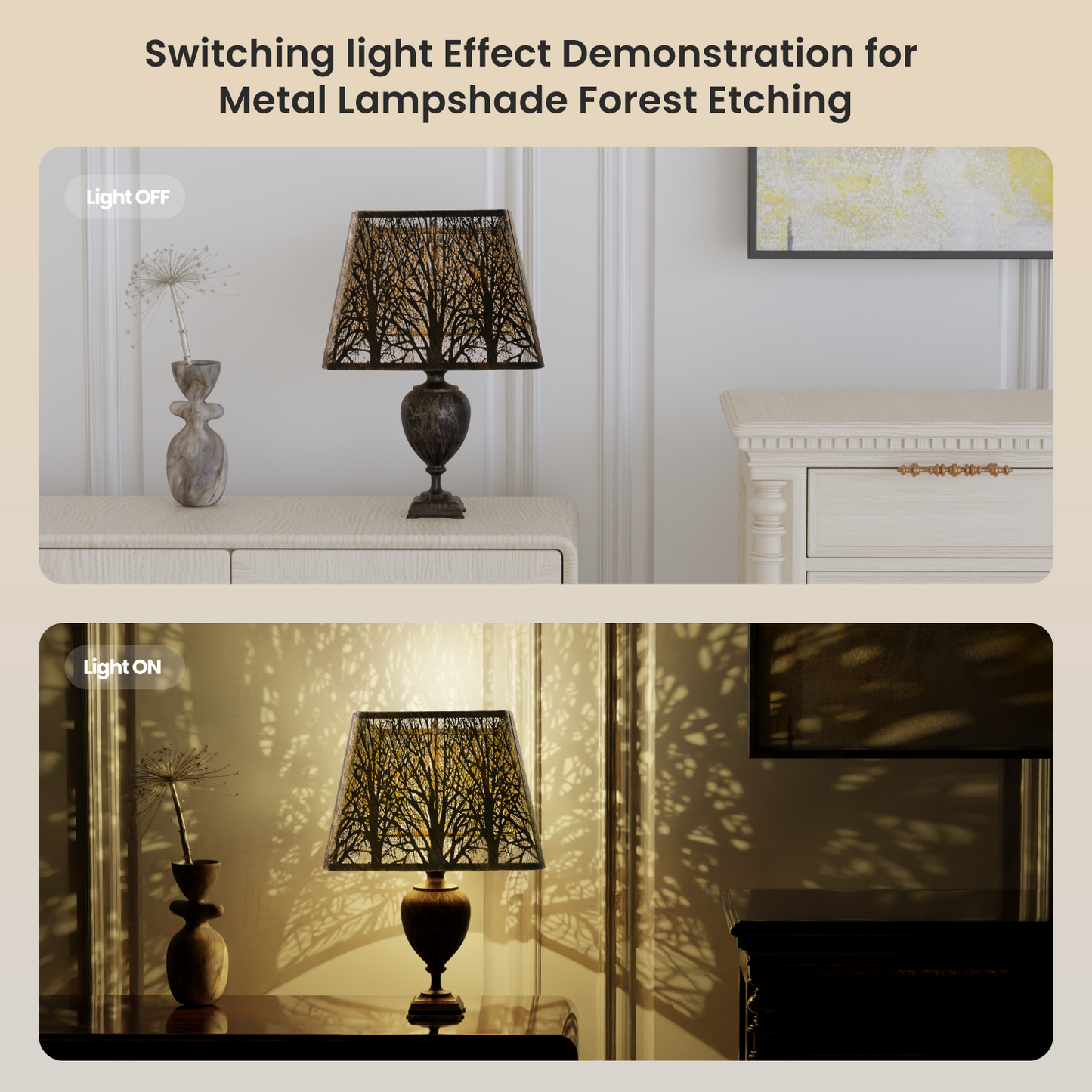 Square metal lamp shade used on table lamp providing soft warm light for farmhouse and vintage style interior décor