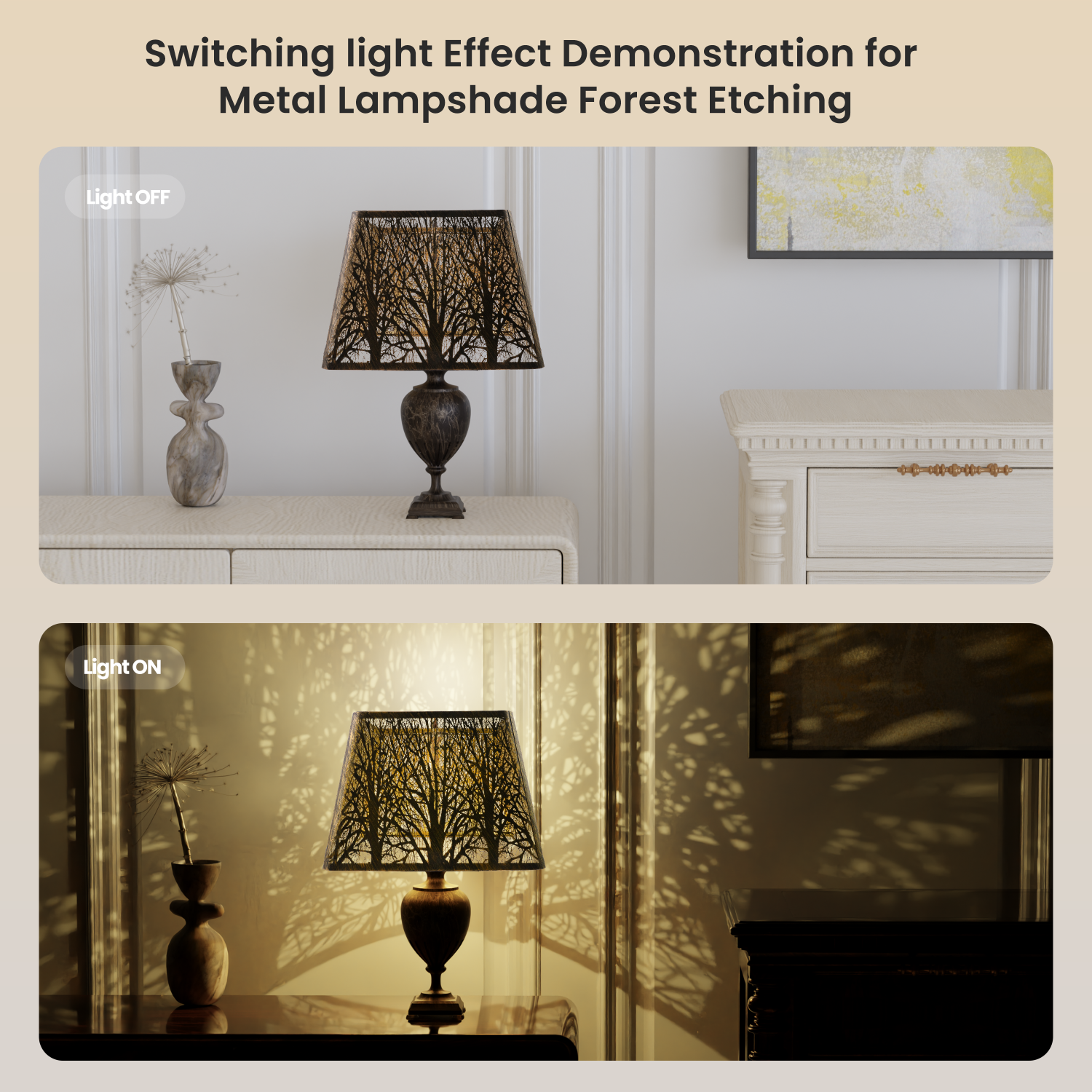 Square metal lamp shade used on table lamp providing soft warm light for farmhouse and vintage style interior décor