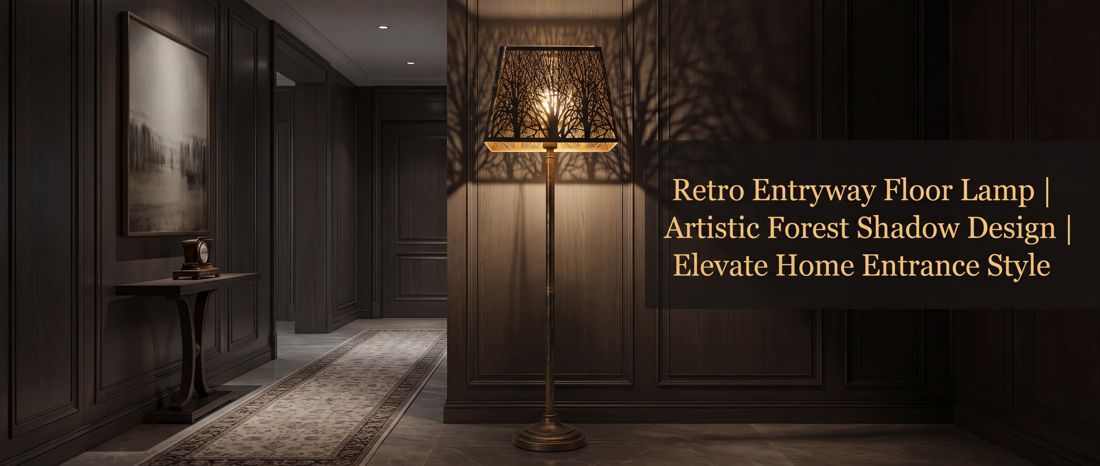 Rustic square metal floor lamp shade on distressed brass lamp base, artistic forest shadow design with gold inner lining, American retro style elevating home entrance hallway decor, tree shadow projection on dark wood panel wall with decorative console table and vintage clock