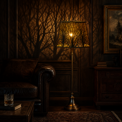 Rustic square metal lamp shade on brass floor lamp, distressed bronze finish with gold accents, etched woodland tree pattern casting dramatic warm ambient forest shadow on dark wood panel wall, classic vintage farmhouse living room with leather chesterfield sofa crystal whiskey decanter and antique books