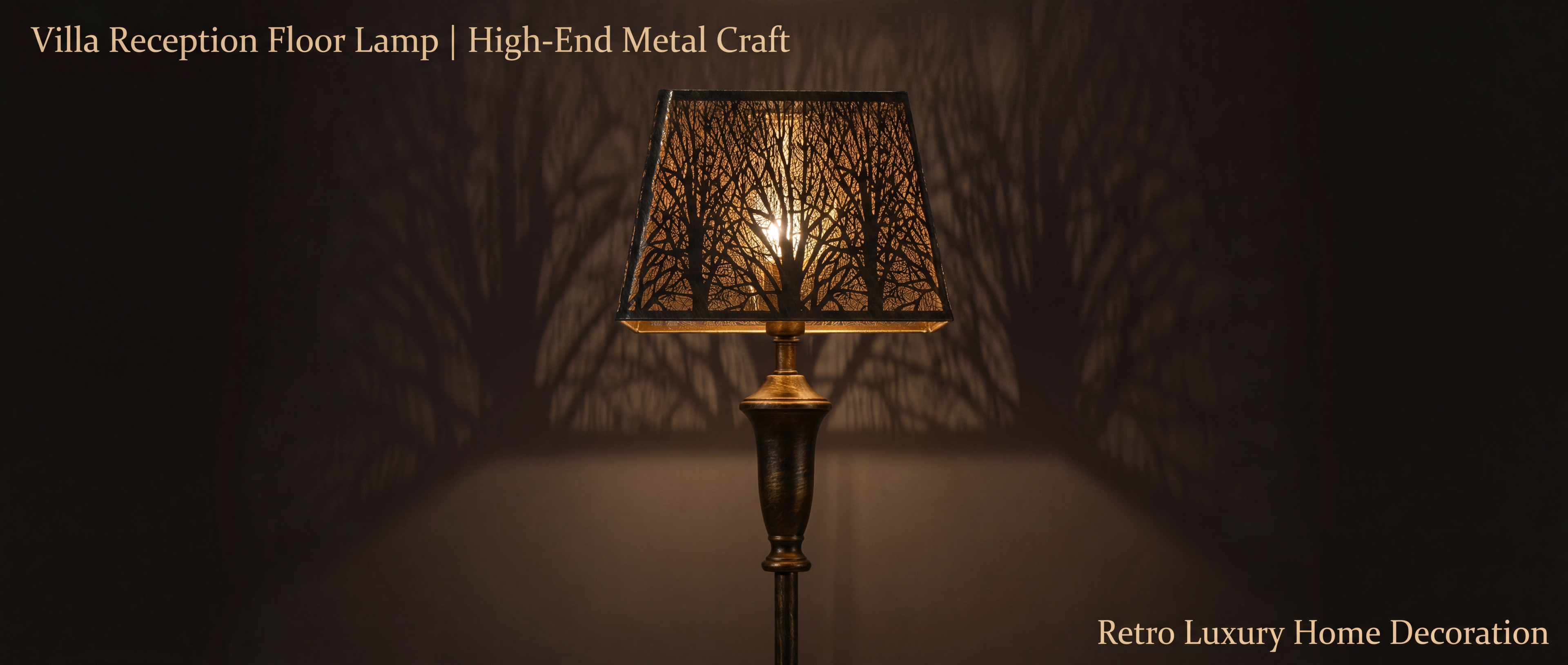 Rustic square metal floor lamp shade for villa reception, high-end metal hollow carving craft with distressed bronze finish and gold inner lining, forest silhouette tree shadow projection, retro luxury home decoration with dramatic warm ambient lighting on dark background