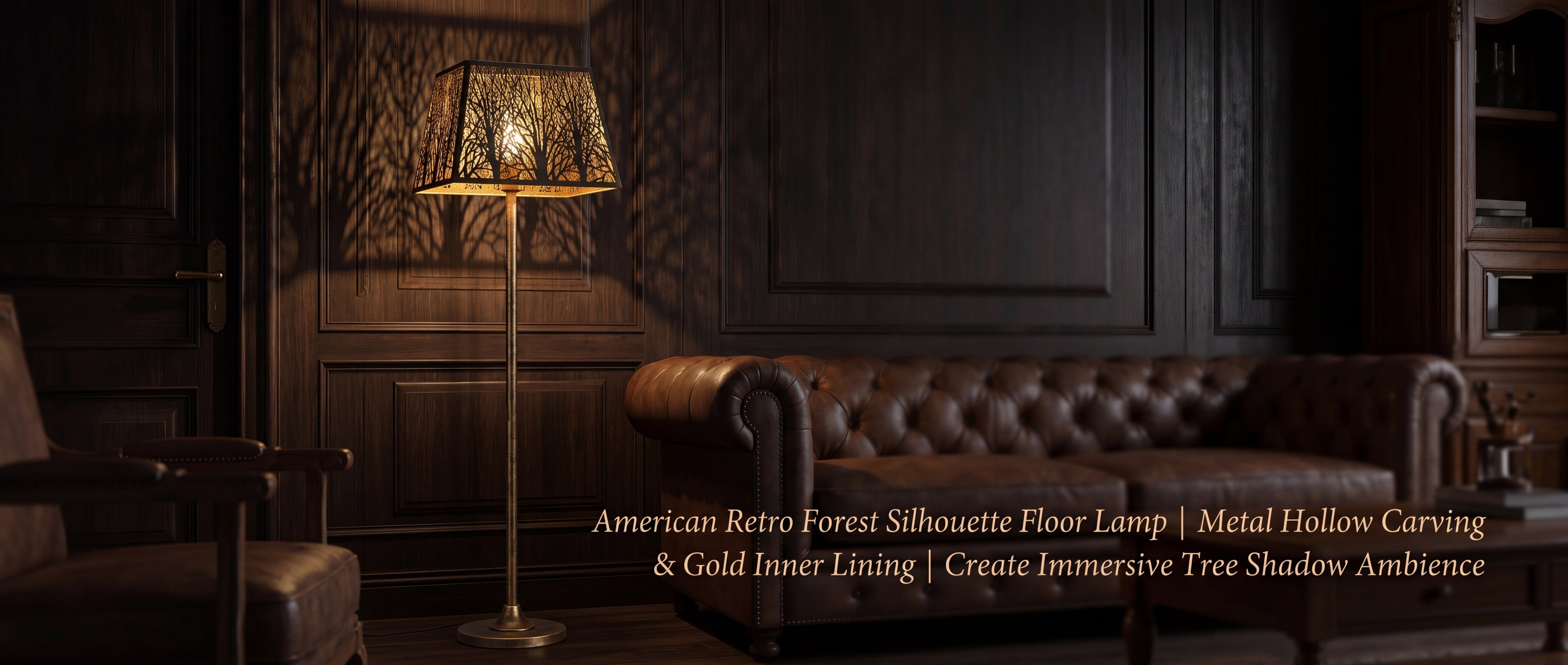 Rustic square metal lamp shade on brass floor lamp, American retro forest silhouette design with metal hollow carving and gold inner lining, distressed bronze finish creating immersive tree shadow ambience on dark wood panel wall, vintage farmhouse leather chesterfield sofa living room warm ambient lighting
