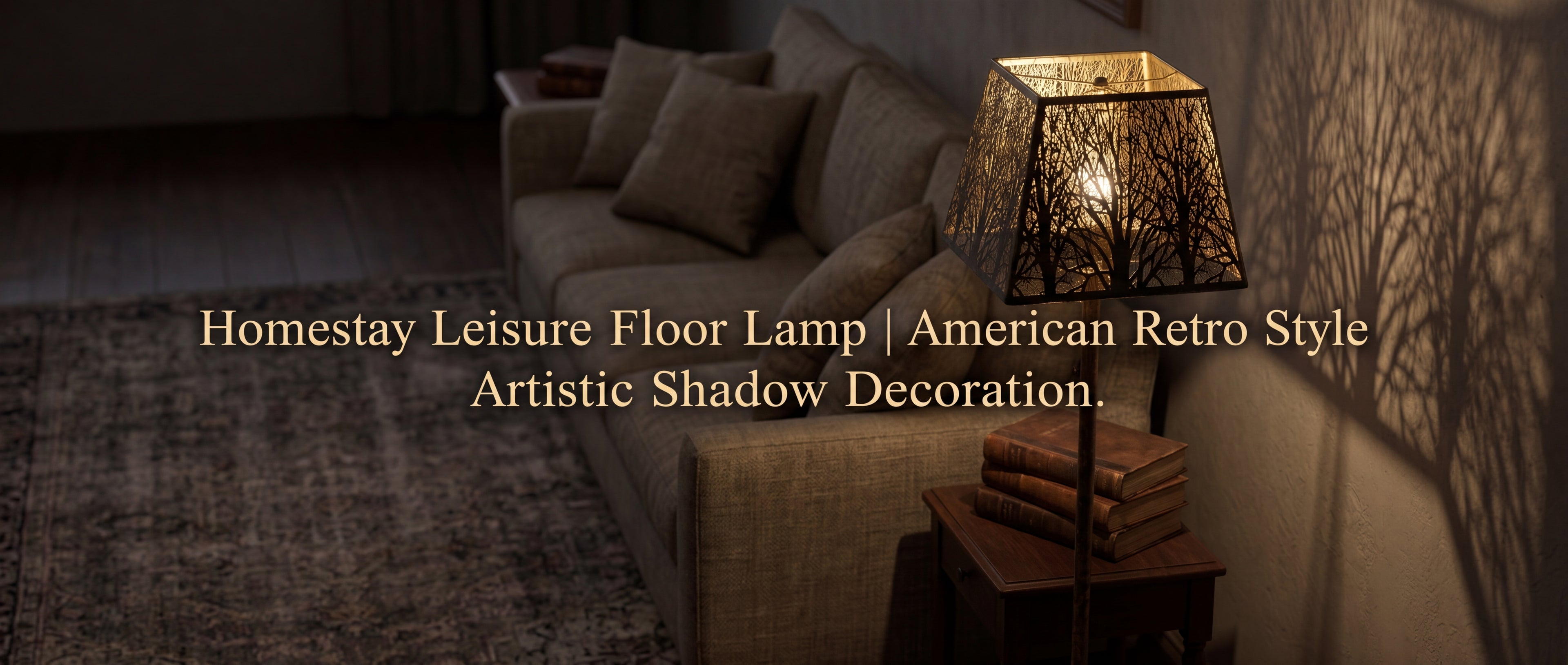 Rustic square metal lamp shade on tall floor lamp, American retro style artistic shadow decoration with distressed bronze finish and gold inner lining, forest tree silhouette pattern casting warm ambient tree shadow on wall, homestay leisure living room with beige linen sofa vintage books on dark wood side table and patterned area rug