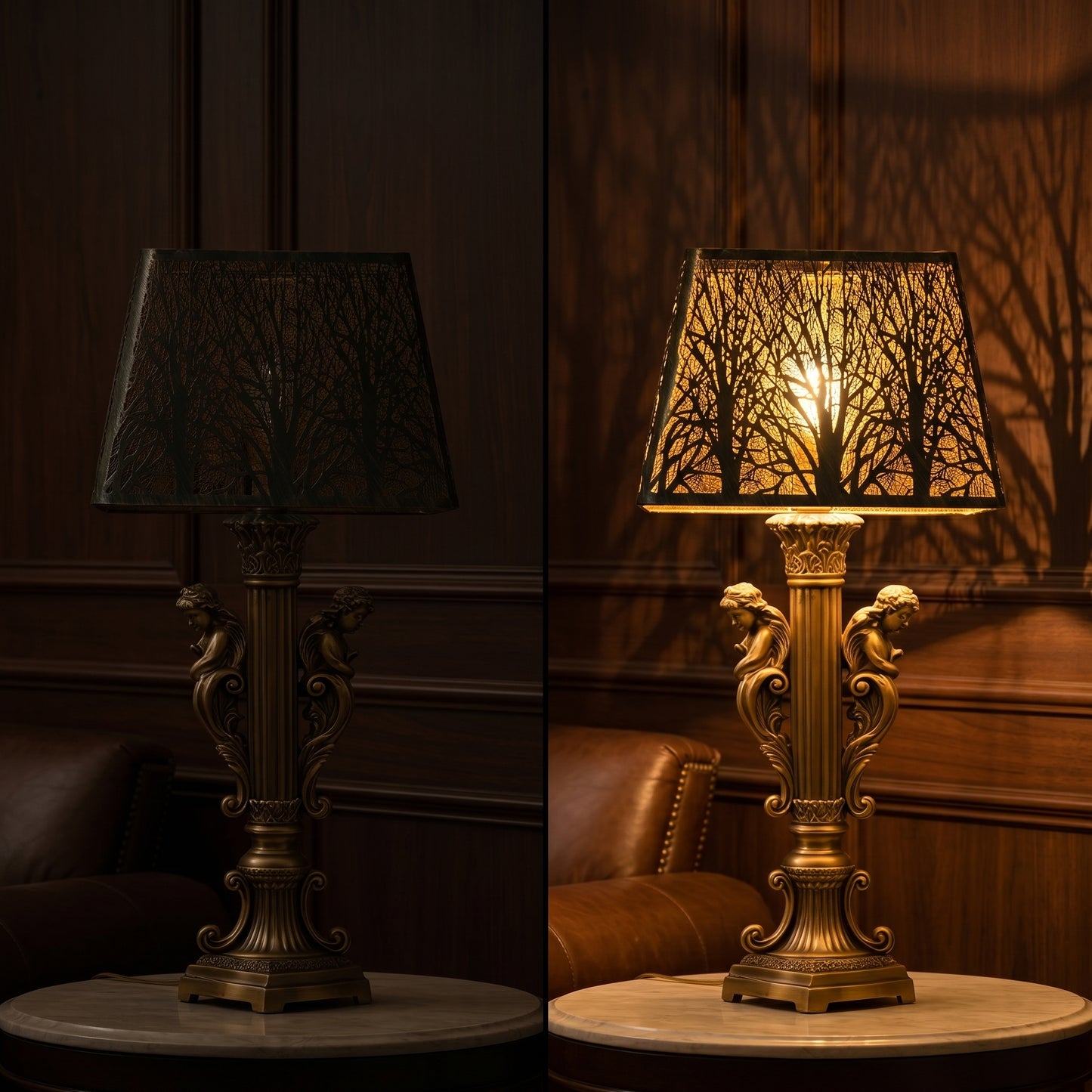 Rustic square metal lamp shade on off comparison, distressed bronze exterior with gold interior, etched woodland tree details on ornate angel cherub brass table lamp, warm ambient shadow casting on wood panel wall, vintage farmhouse replacement lamp shade