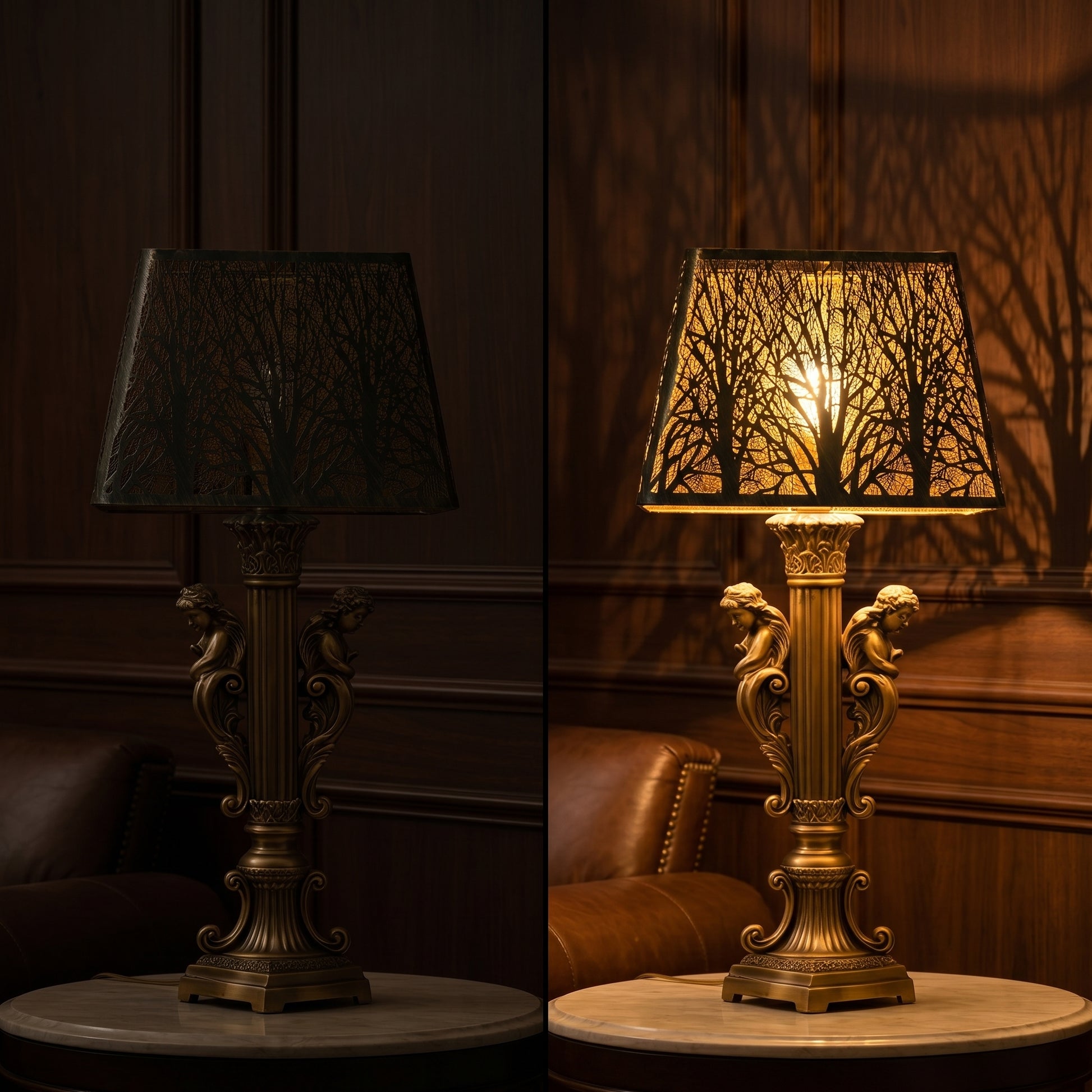 Rustic square metal lamp shade on off comparison, distressed bronze exterior with gold interior, etched woodland tree details on ornate angel cherub brass table lamp, warm ambient shadow casting on wood panel wall, vintage farmhouse replacement lamp shade