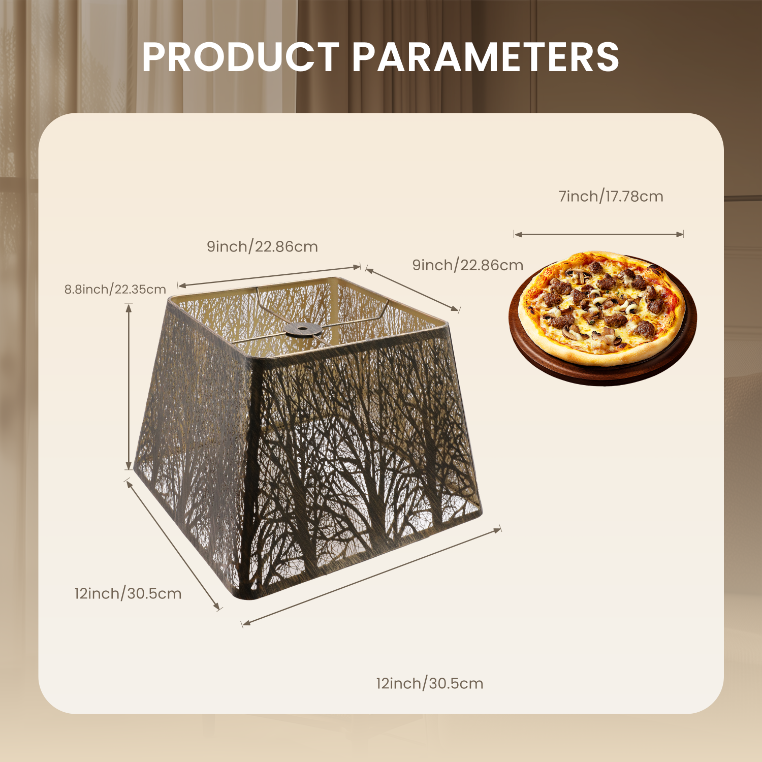 Side profile of rustic square lamp shade highlighting compact structure and balanced farmhouse inspired design