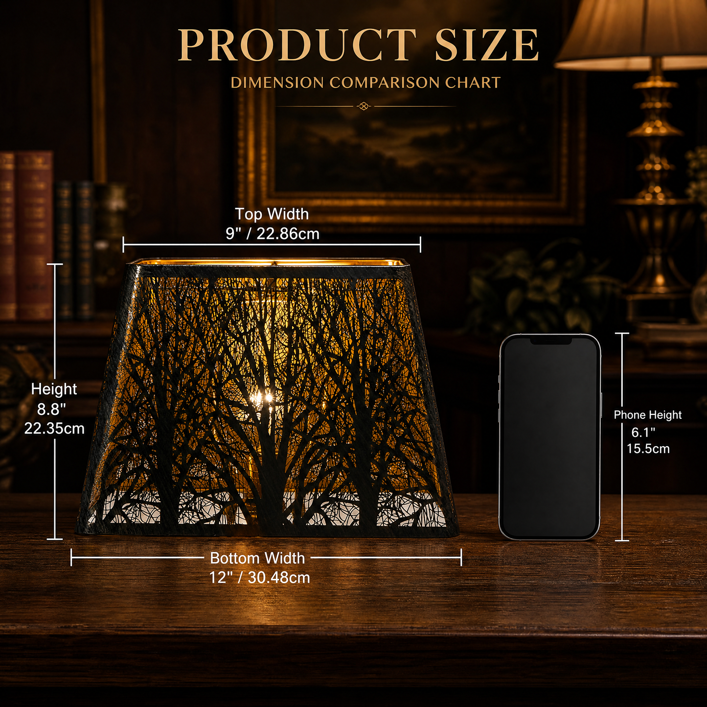 Rustic square metal lamp shade size chart 9 inch top width x 12 inch bottom width x 8.8 inch height, 22.86cm x 30.48cm x 22.35cm, distressed bronze finish with gold accents, compact replacement lamp shade for bedside lamp and reading nooks, phone size comparison reference 6.1 inch 15.5cm