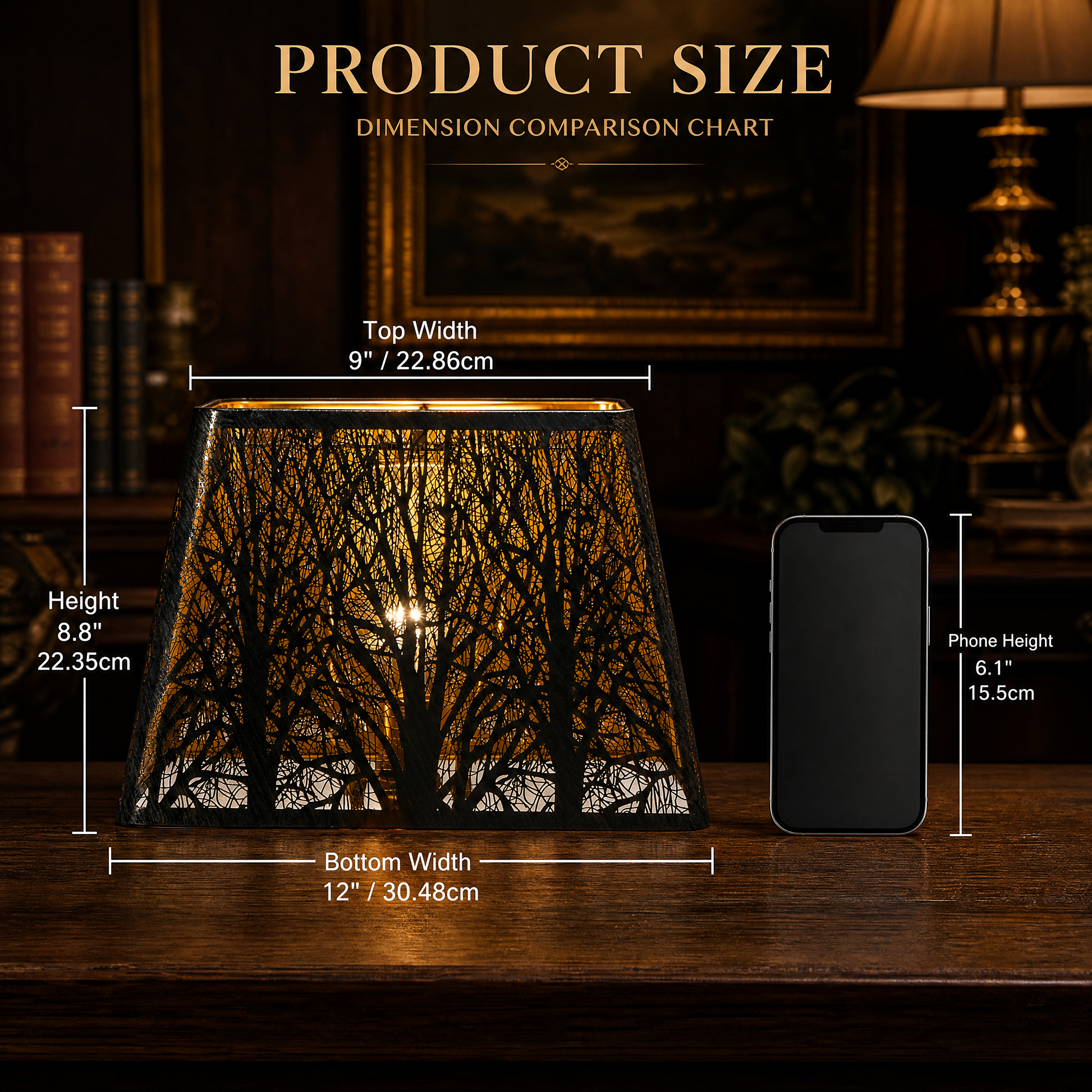 Rustic square metal lamp shade size chart 9 inch top width x 12 inch bottom width x 8.8 inch height, 22.86cm x 30.48cm x 22.35cm, distressed bronze finish with gold accents, compact replacement lamp shade for bedside lamp and reading nooks, phone size comparison reference 6.1 inch 15.5cm