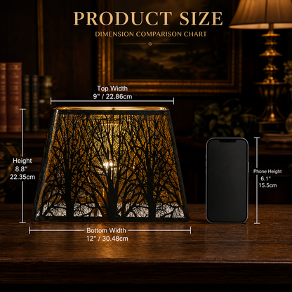 Rustic square metal lamp shade size chart 9 inch top width x 12 inch bottom width x 8.8 inch height, 22.86cm x 30.48cm x 22.35cm, distressed bronze finish with gold accents, compact replacement lamp shade for bedside lamp and reading nooks, phone size comparison reference 6.1 inch 15.5cm
