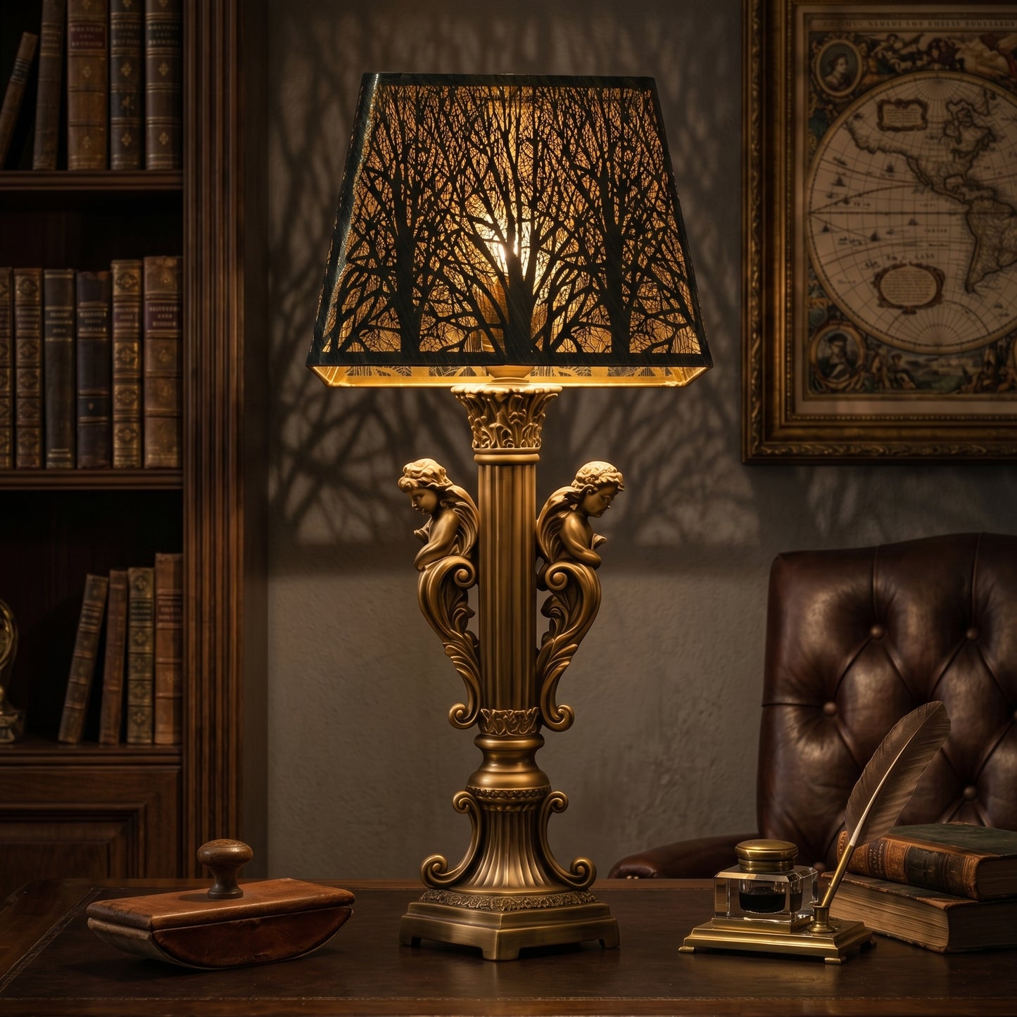 Rustic square metal lamp shade on ornate angel cherub brass table lamp, distressed bronze gold etched woodland tree details, warm ambient lighting in vintage study office with leather bookshelves antique world map leather chair feather pen inkwell and book press, farmhouse rustic character small lighting space