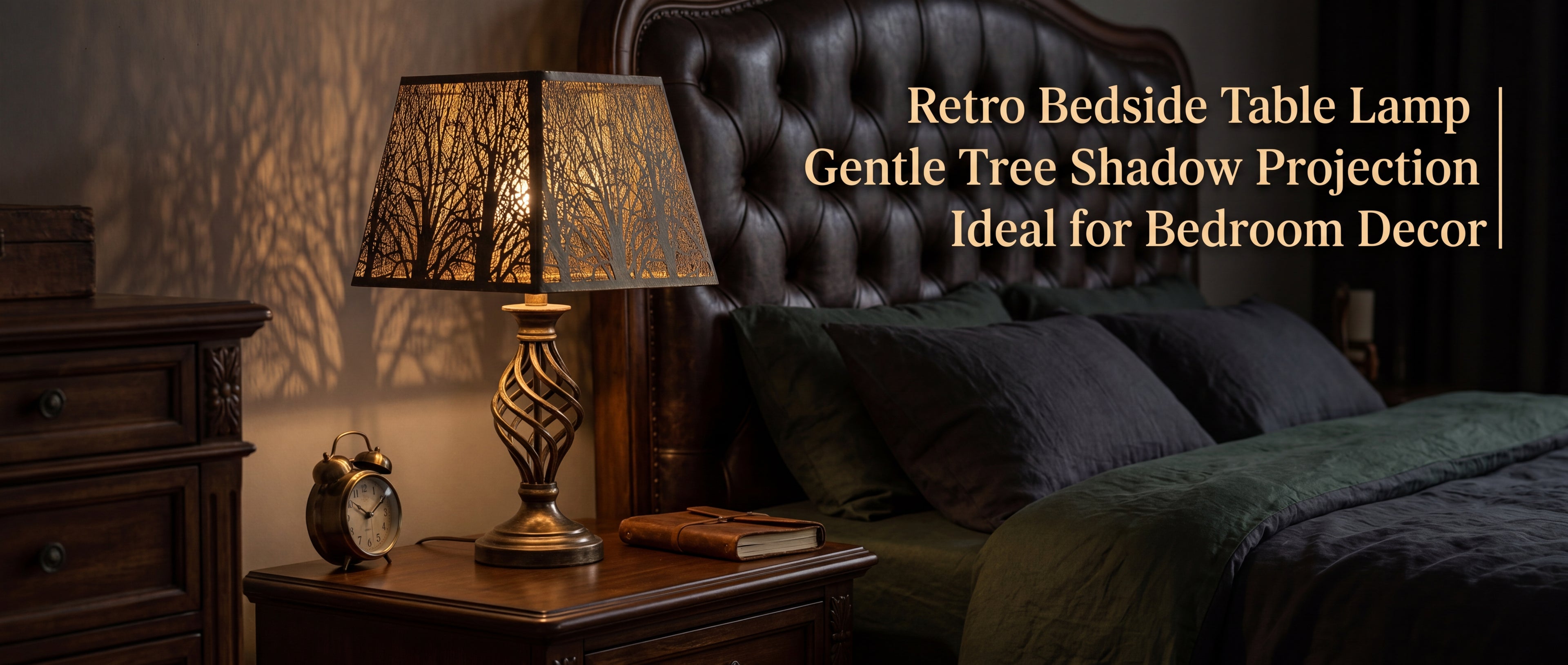 Rustic square metal lamp shade on ornate twisted brass table lamp, distressed bronze gold finish with etched woodland tree details, gentle tree shadow projection on vintage tufted leather headboard bedroom, ideal bedroom decor with rustic wood nightstand brass alarm clock leather bound journal and dark green bedding