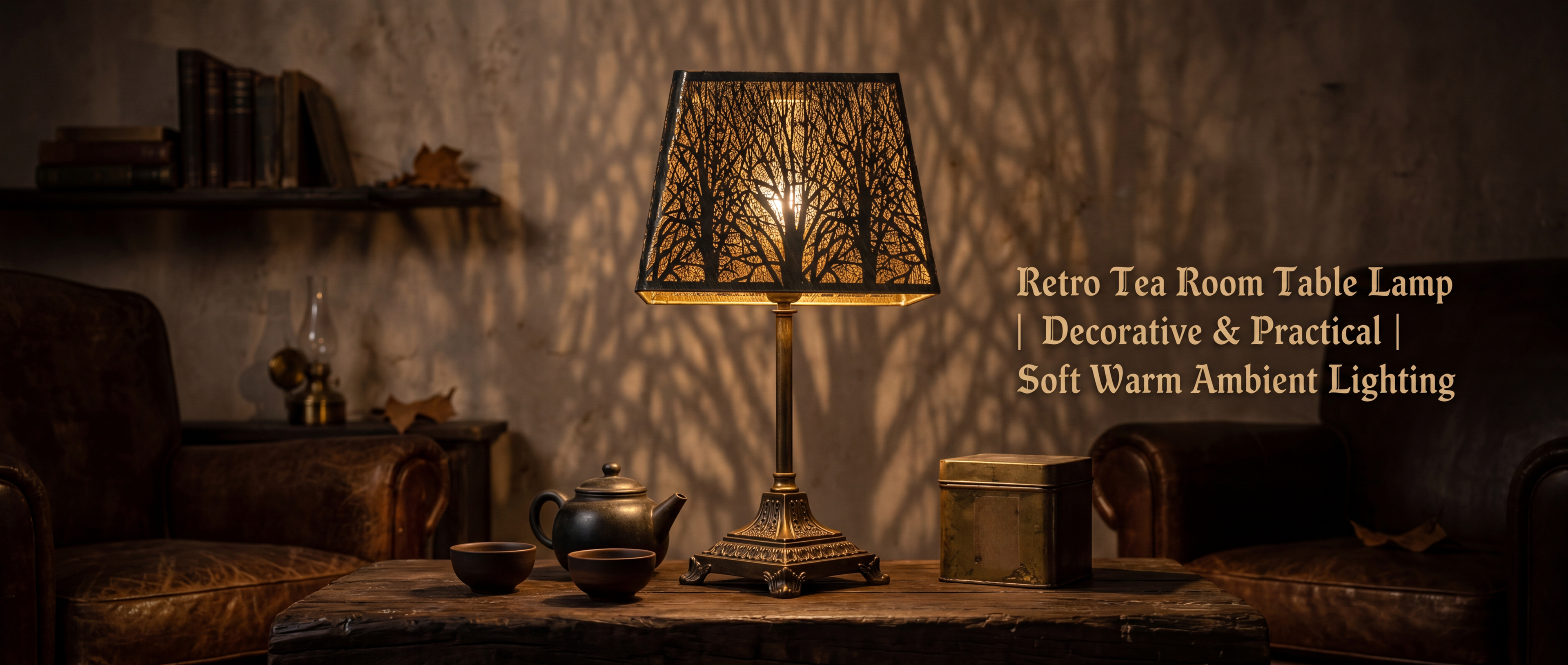 Rustic square metal table lamp shade with distressed bronze finish and gold inner lining, etched woodland forest silhouette pattern, retro tea room decor on rustic wood table with vintage teapot teacup and leather armchairs, decorative and practical soft warm ambient lighting