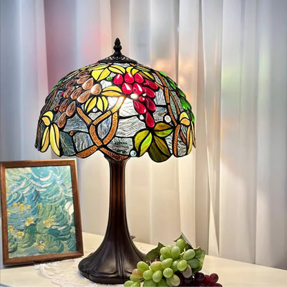 Aeelleea Tiffany orchard fruit table lamp creating nostalgic warm lighting in rustic vintage interior space