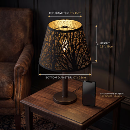 Small Metal Lamp Shade Size Reference - Etched Forest Pattern, Top Diameter 6" (15cm), Bottom Diameter 10" (25cm), Height 7.5" (19cm), Compared to Standard 6.1" Smartphone (15.49cm), Black Exterior Gold Interior, Spider Fitter for Table Lamps and Bedside Lamps, Warm Ambient Lighting