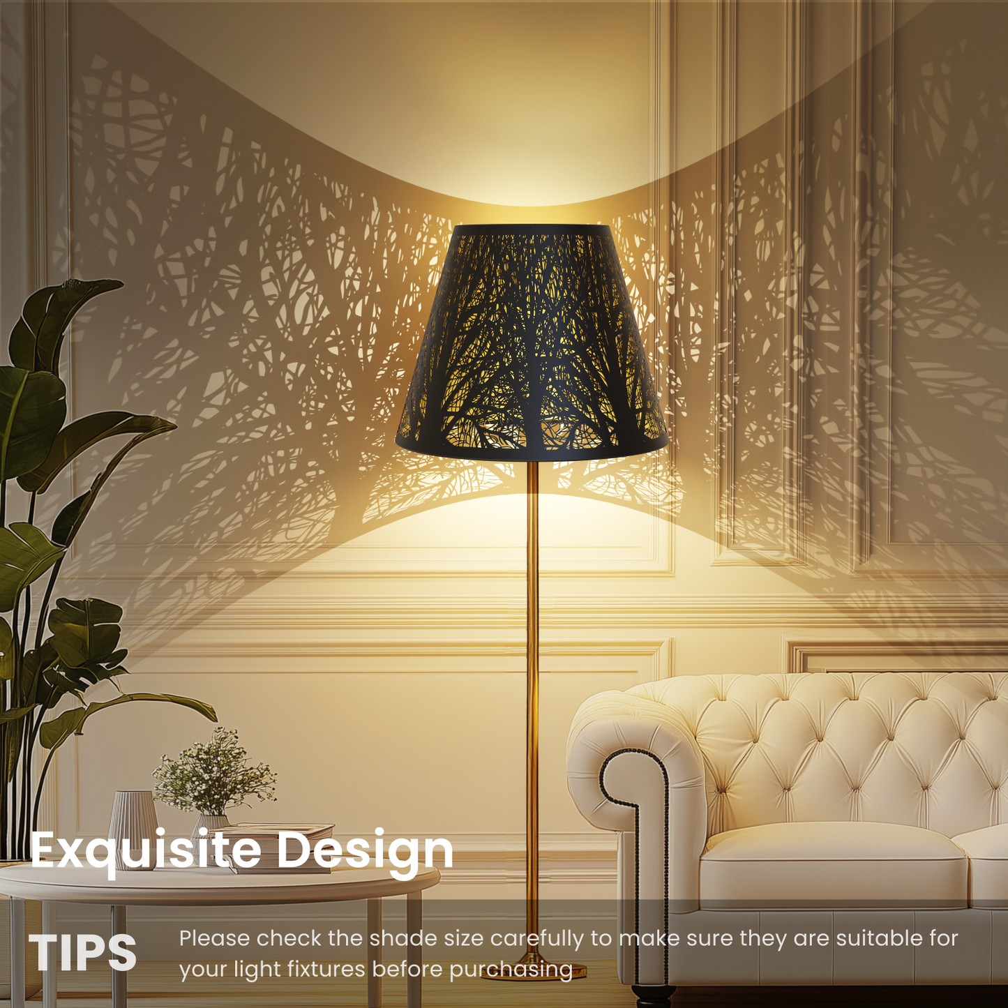 Small metal lampshade angled view showing etched forest design with black and gold finish for decorative lighting