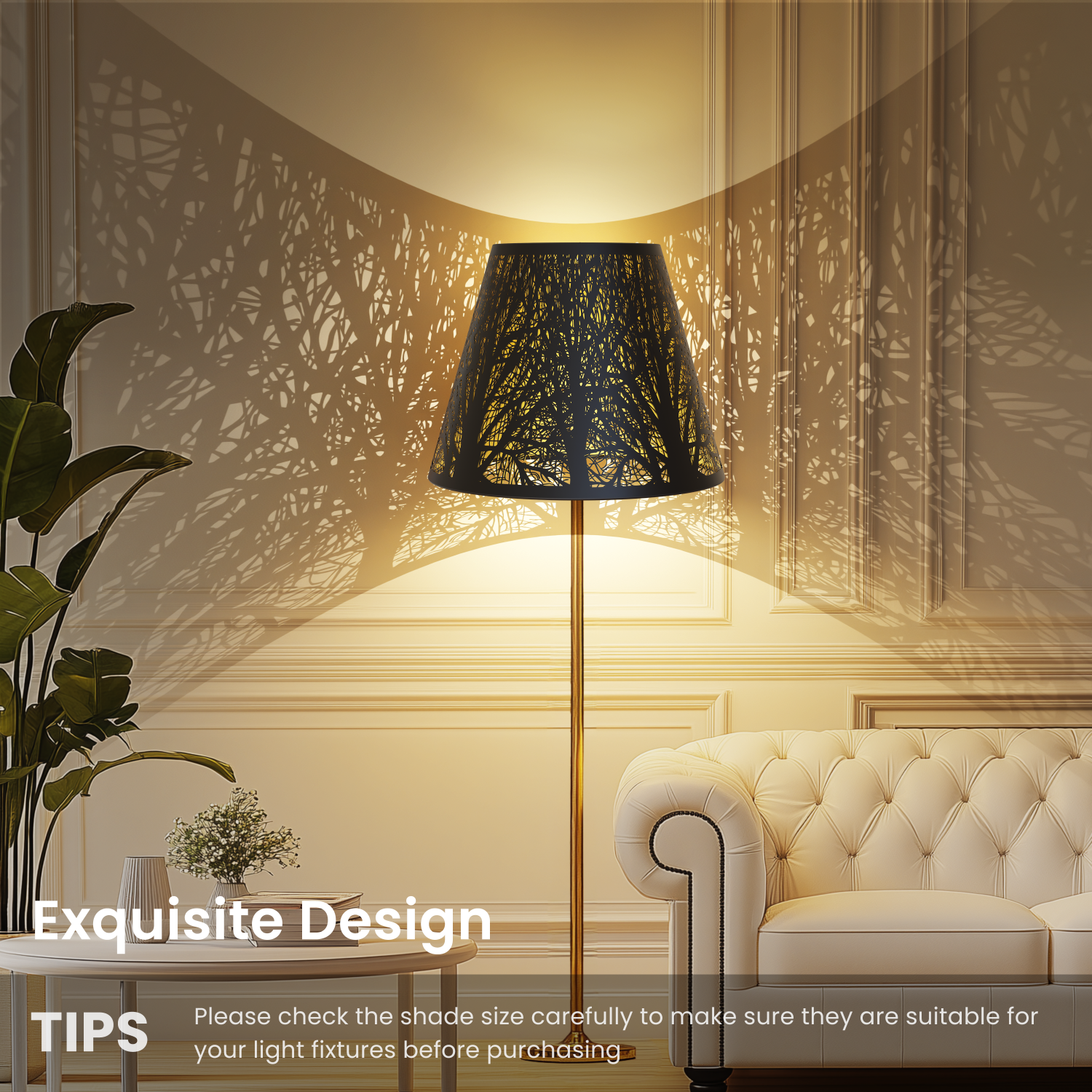 Small metal lampshade angled view showing etched forest design with black and gold finish for decorative lighting