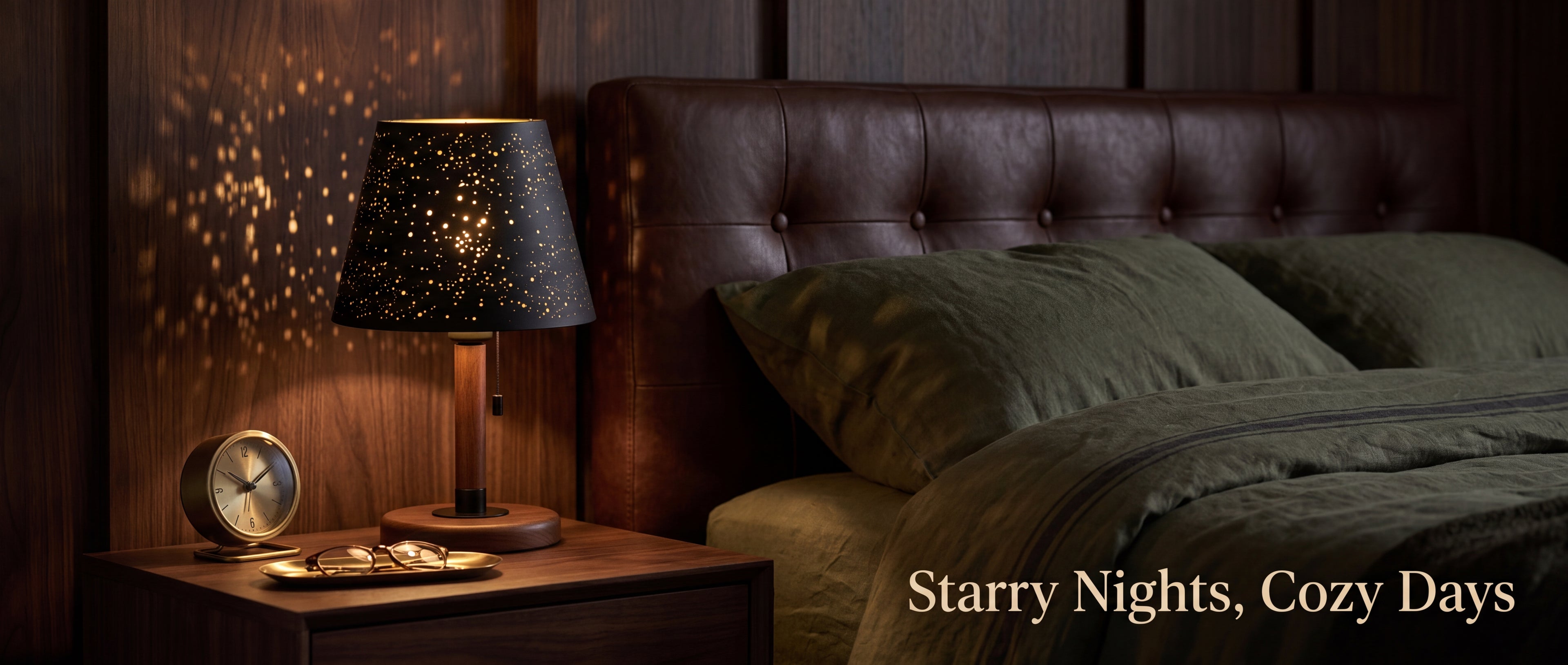 Small Stars Etched Lampshade - Starry Nights Cozy Days, Bedside Table Lamp in Warm Bedroom with Leather Headboard, Black and Gold Celestial Star Pattern Creates Starlight Projection on Wooden Wall, 6x10x7.5 inches, Metal Replacement Lamp Shade for Table Lamps Bedside Lamps and Decorative Lighting Fixtures, Perfect for Cozy Vintage Bedroom Decor
