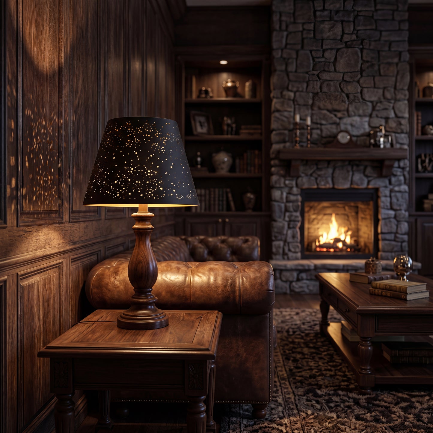 Small Stars Etched Lampshade - Table Lamp on Living Room End Table with Leather Sofa and Stone Fireplace, Black and Gold Celestial Star Pattern Creates Warm Starlight Ambient Glow, 6x10x7.5 inches, Metal Replacement Lamp Shade for Table Lamps Bedside Lamps and Decorative Lighting Fixtures, Perfect for Cozy Vintage Living Space Decor