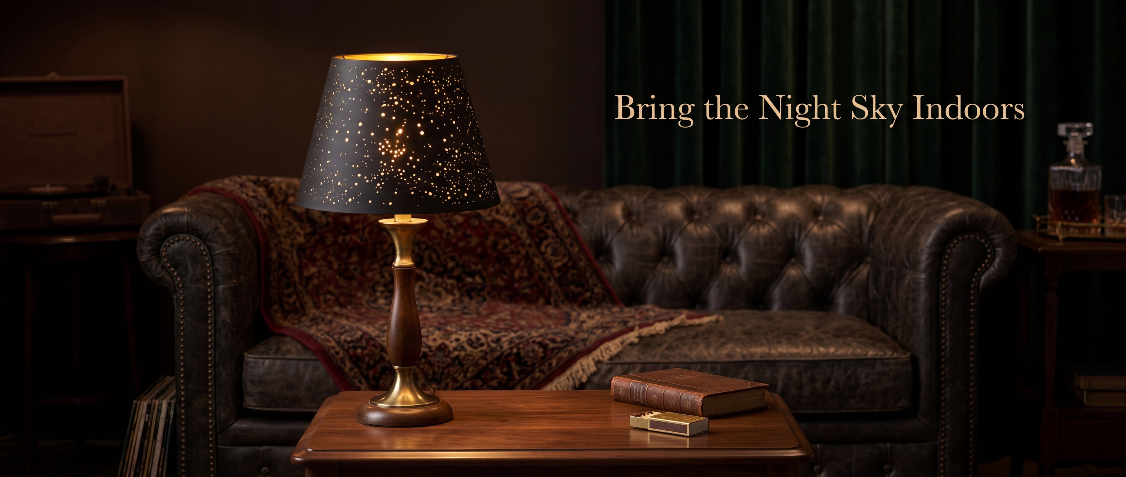 Small Stars Etched Lampshade - Bring the Night Sky Indoors, Black and Gold Celestial Star Pattern Metal Lamp Shade on Wooden Side Table with Leather Sofa, Creates Warm Starlight Ambient Glow, 6x10x7.5 inches, Replacement Lamp Shade for Table Lamps and Decorative Lighting Fixtures, Perfect for Vintage Artistic and Modern Interiors