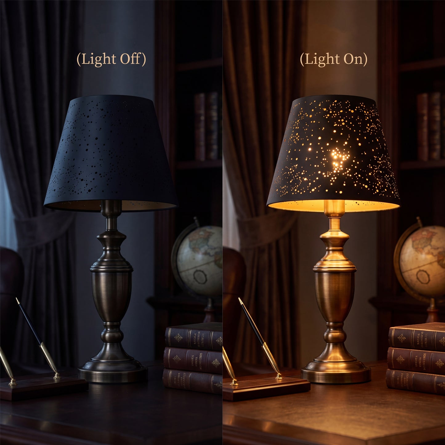 Small Stars Etched Lampshade - Light Off and Light On Comparison, Vintage Bronze Table Lamp with Black and Gold Celestial Star Pattern, Lights Off Showcases Matte Black Etched Finish, Lights On Creates Warm Starlight Ambient Glow, 6x10x7.5 inches, Replacement Lamp Shade for Table Lamps and Decorative Lighting Fixtures
