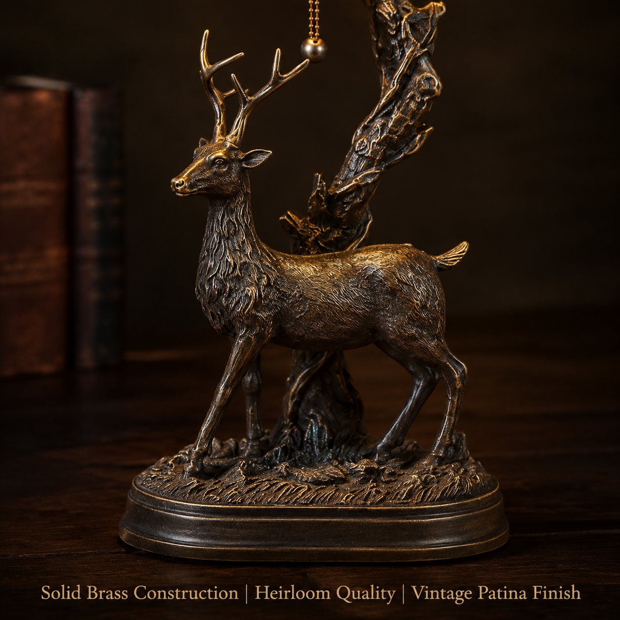 Detailed view of solid brass Tiffany table lamp base with antique bronze finish and handcrafted deer sculpture design