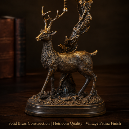 Detailed view of solid brass Tiffany table lamp base with antique bronze finish and handcrafted deer sculpture design