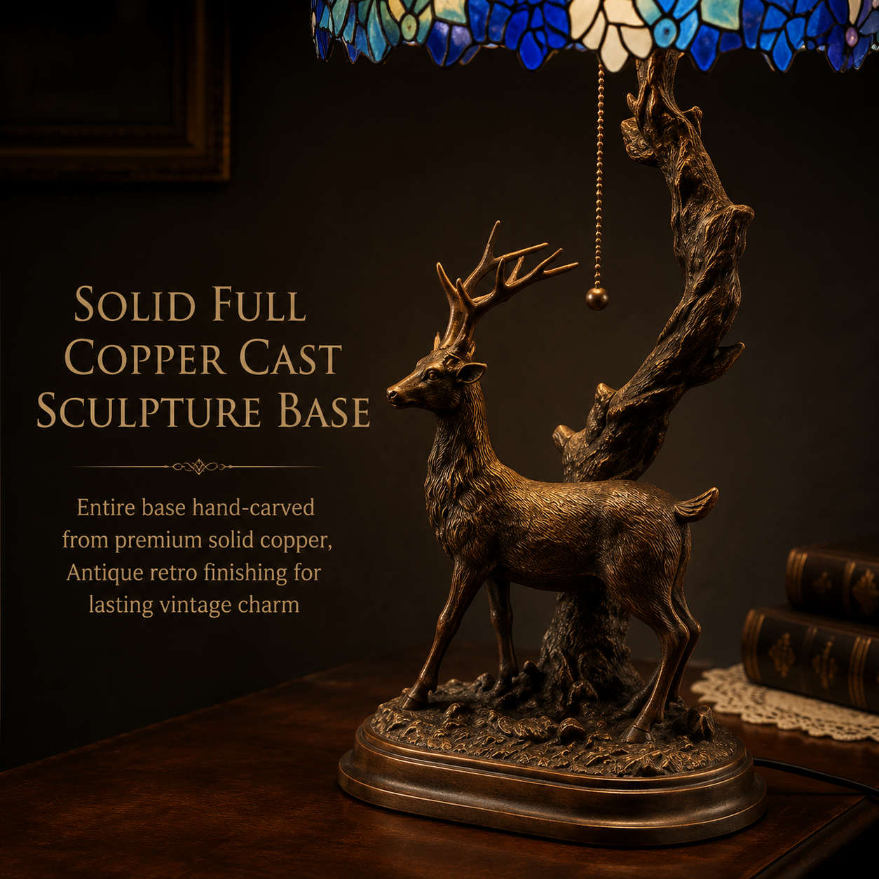 Solid copper deer sculpture base on a vintage Tiffany table lamp with detailed antler and woodland design