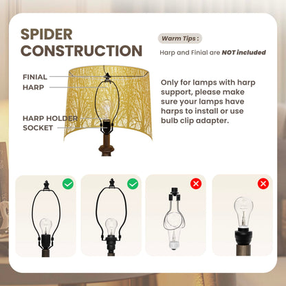 Spider fitter connection detail of large drum lampshade designed for secure installation on table and floor lamps