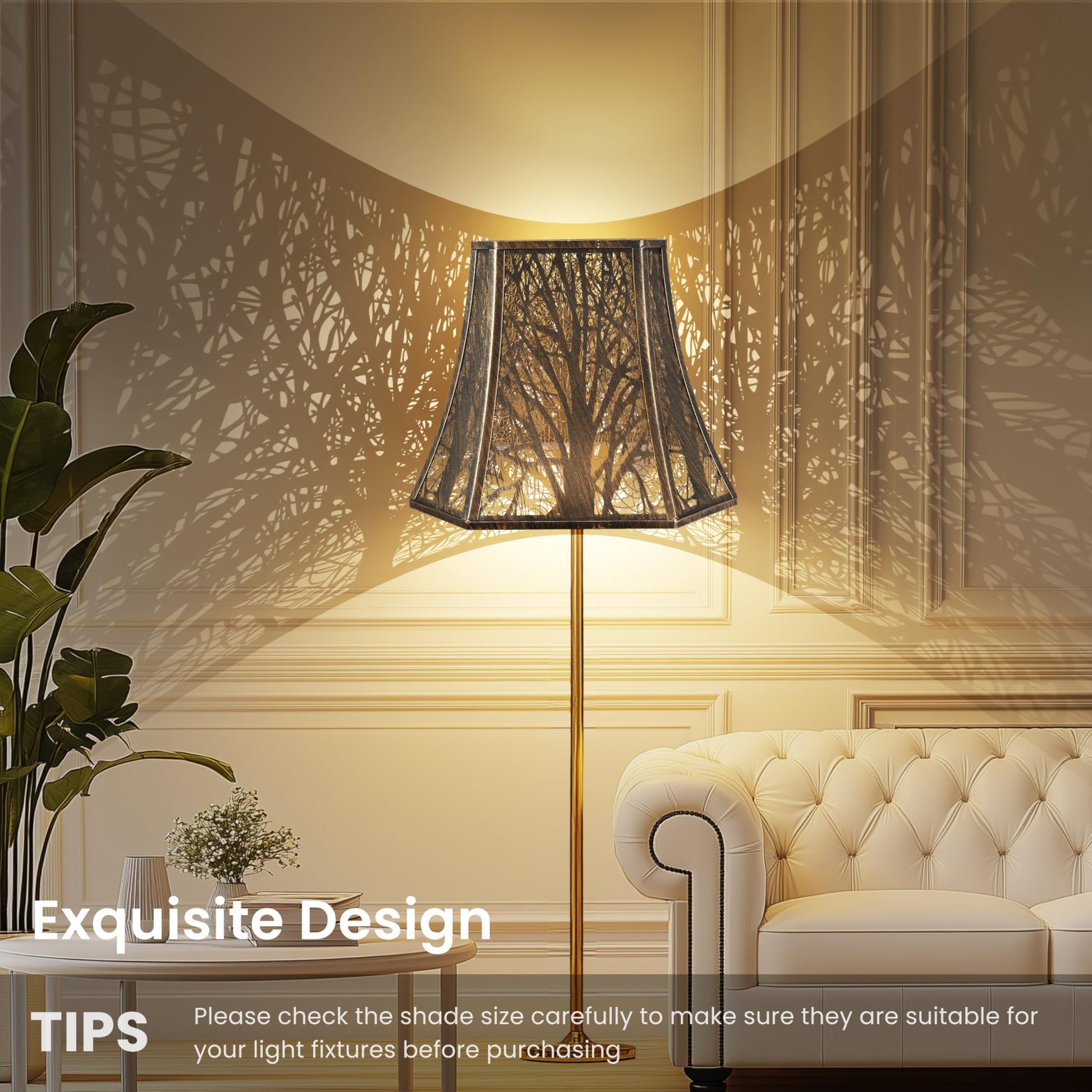 Square cut corner bell lamp shade with etched tree pattern and warm gold interior lighting for decorative fixtures
