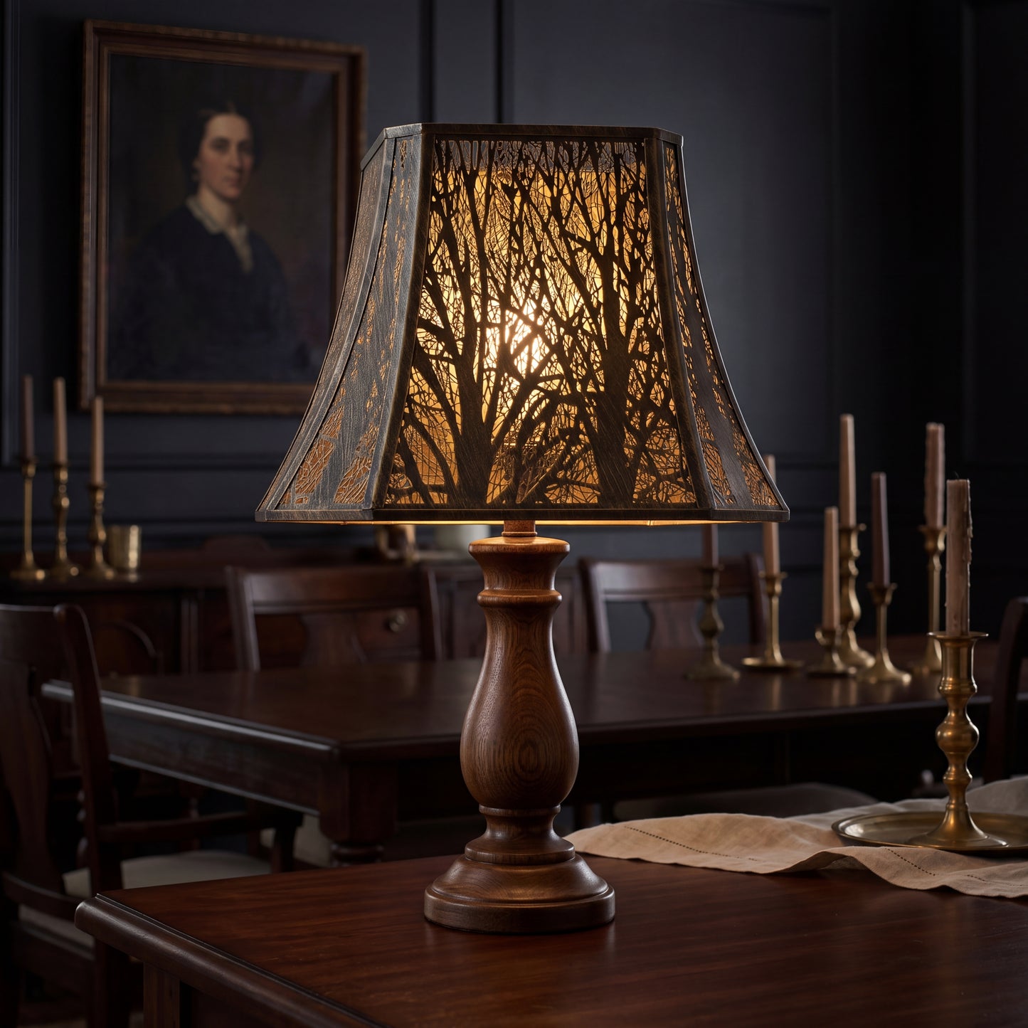 Square cut corner bell lampshade 8x14x11 with etched tree design, black exterior gold interior, warm ambient lighting on wooden dining table
