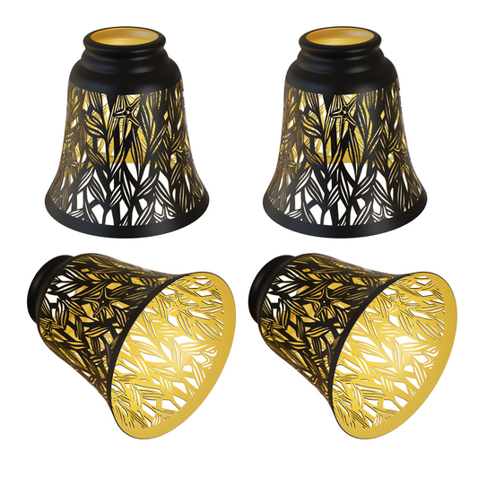 Four starfish lamp shades for chandeliers with black metal exterior, gold interior, and decorative starfish leaf cutout design.