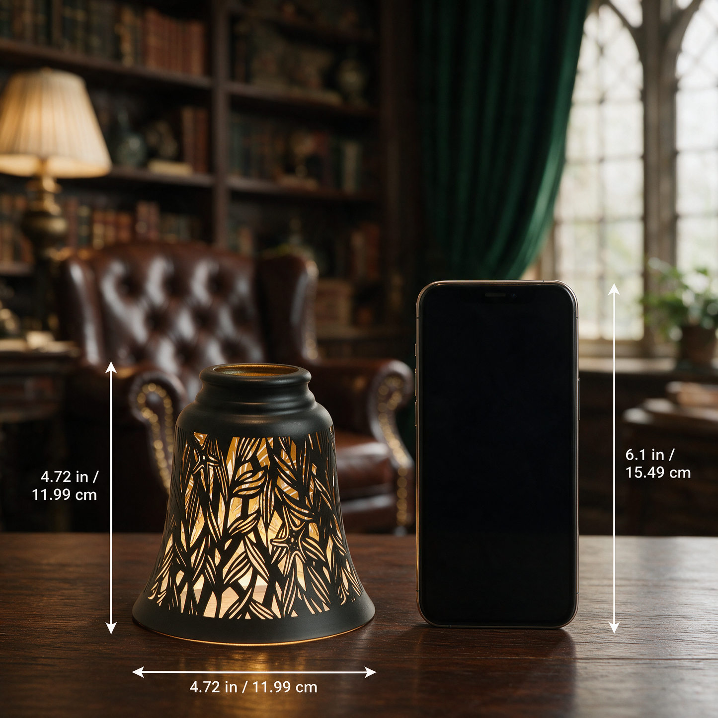 Starfish lamp shade measuring 4.72 x 4.72 inches shown beside a 6.1 inch phone for size comparison.