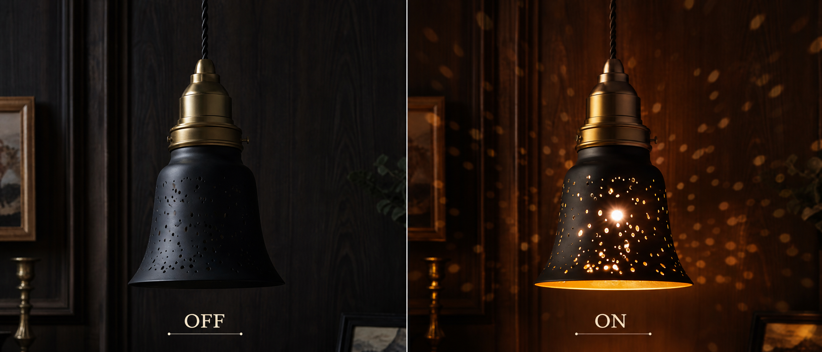 4-Pack Starlight Ceiling Fan Covers - On/Off Comparison of Black Metal Lamp Shade with Delicate Starlight Etching, Creates Beautiful Starlight Shadow Projection on Wall When Lit, Bell Shape 4.72"x4.72" Replacement Shade for Chandeliers and Wall Sconces, 1-5/8" Fitter