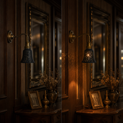 Starlight Etching Metal Lamp Shade On/Off Comparison - 4-Pack Black Shade for Wall Sconces and Chandeliers, Creates Stunning Starlight Shadow Projection When Lit, 4.72 Inch Bell Shape Replacement Lamp Shade with 1-5/8 Inch Fitter