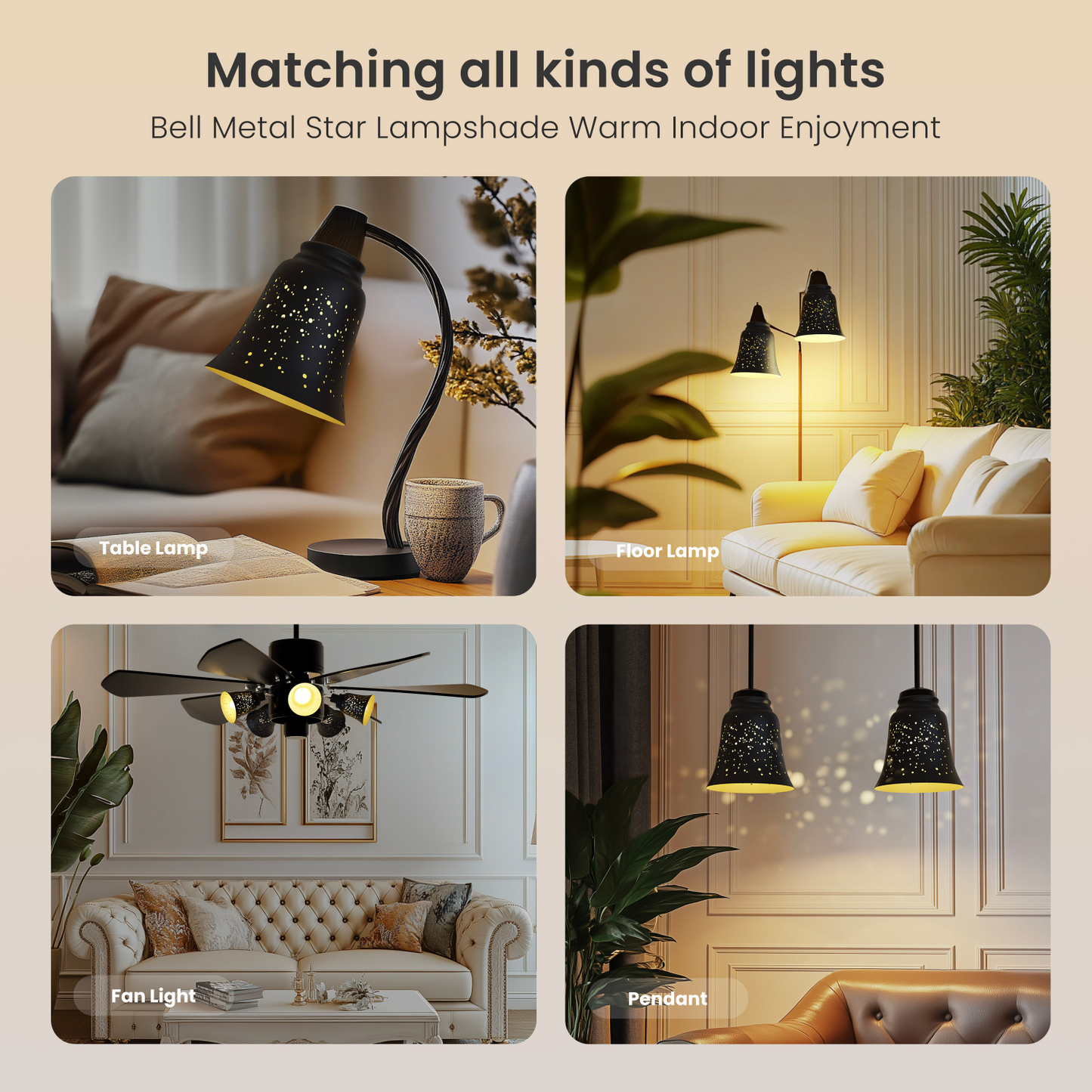 4 pack starlight metal lamp shades angled view showing decorative etched design for ceiling fan and wall lighting fixtures