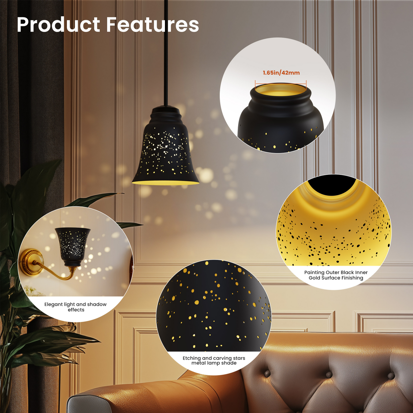 4 pack starlight metal lamp shades size reference showing 4.72 by 4.72 inch dimensions for fixture compatibility