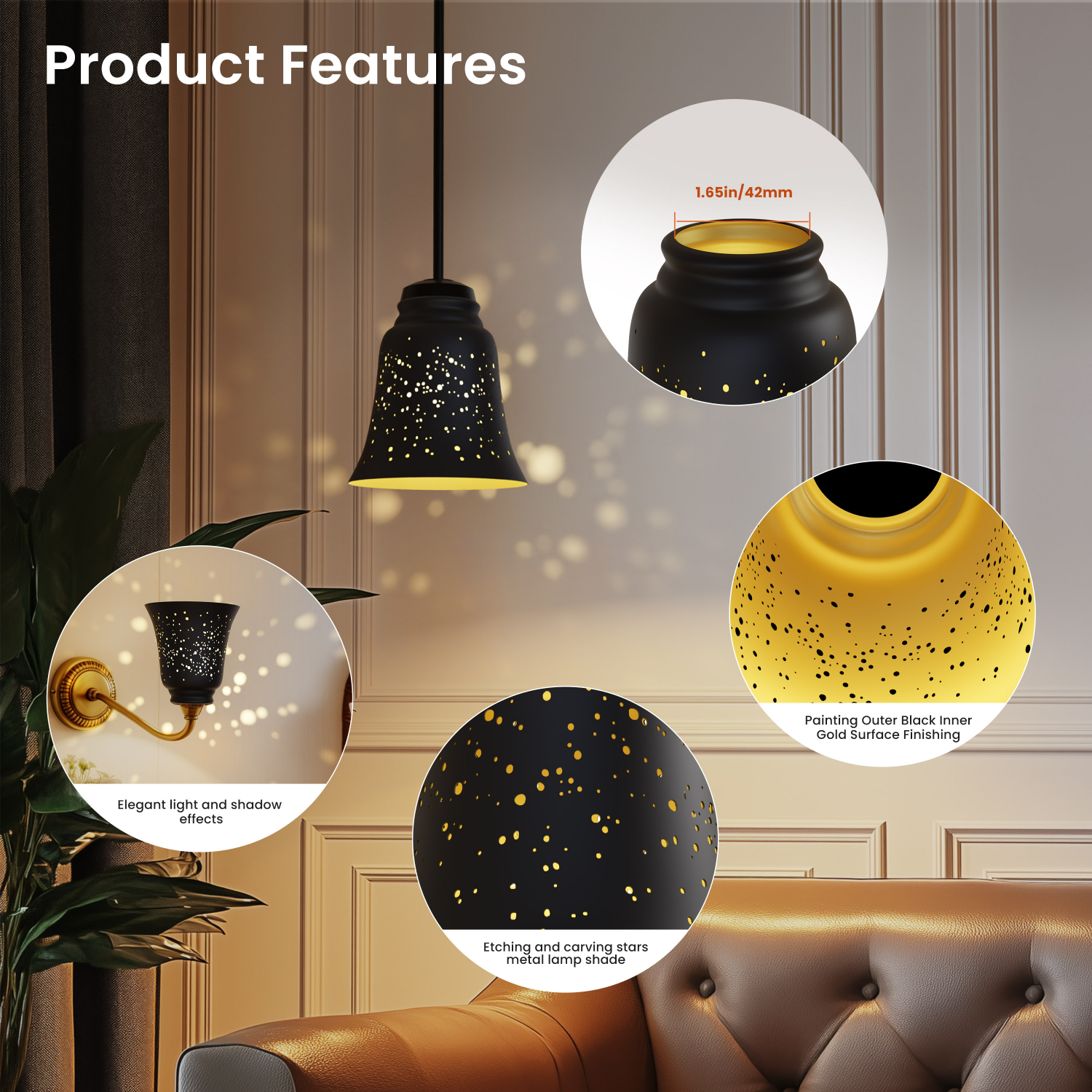 4 pack starlight metal lamp shades size reference showing 4.72 by 4.72 inch dimensions for fixture compatibility