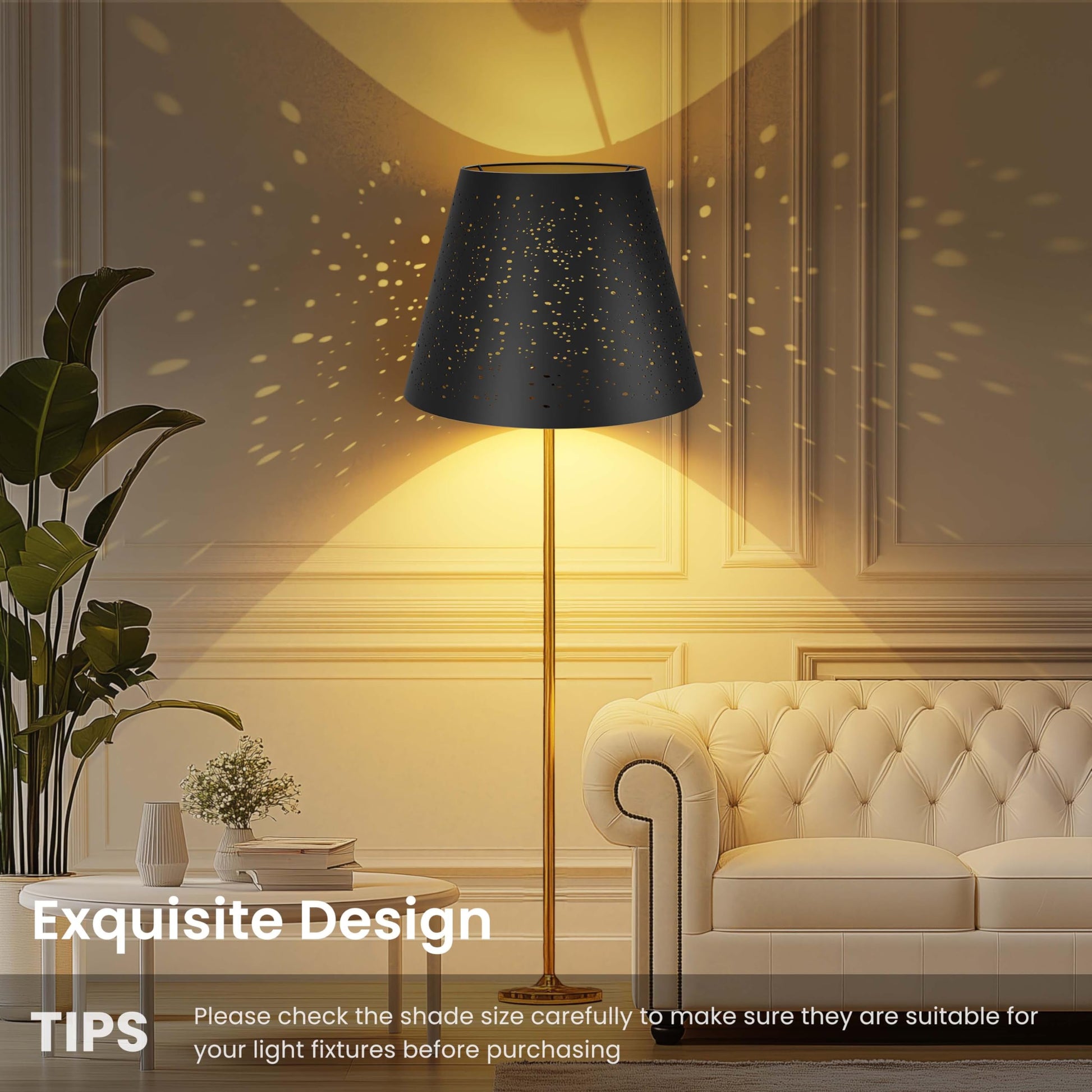 Small stars etched lampshade installed in modern interior space creating warm decorative lighting effect
