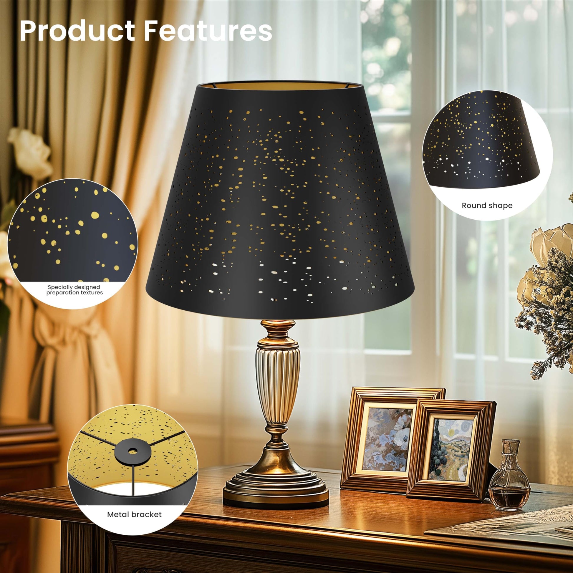Small stars etched lampshade angled view showing celestial pattern design with warm vintage black and gold metal finish