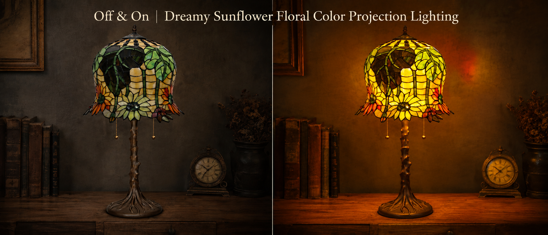 Sunflower glass lamp showing illuminated and unlit effects with warm golden glow through stained glass artwork