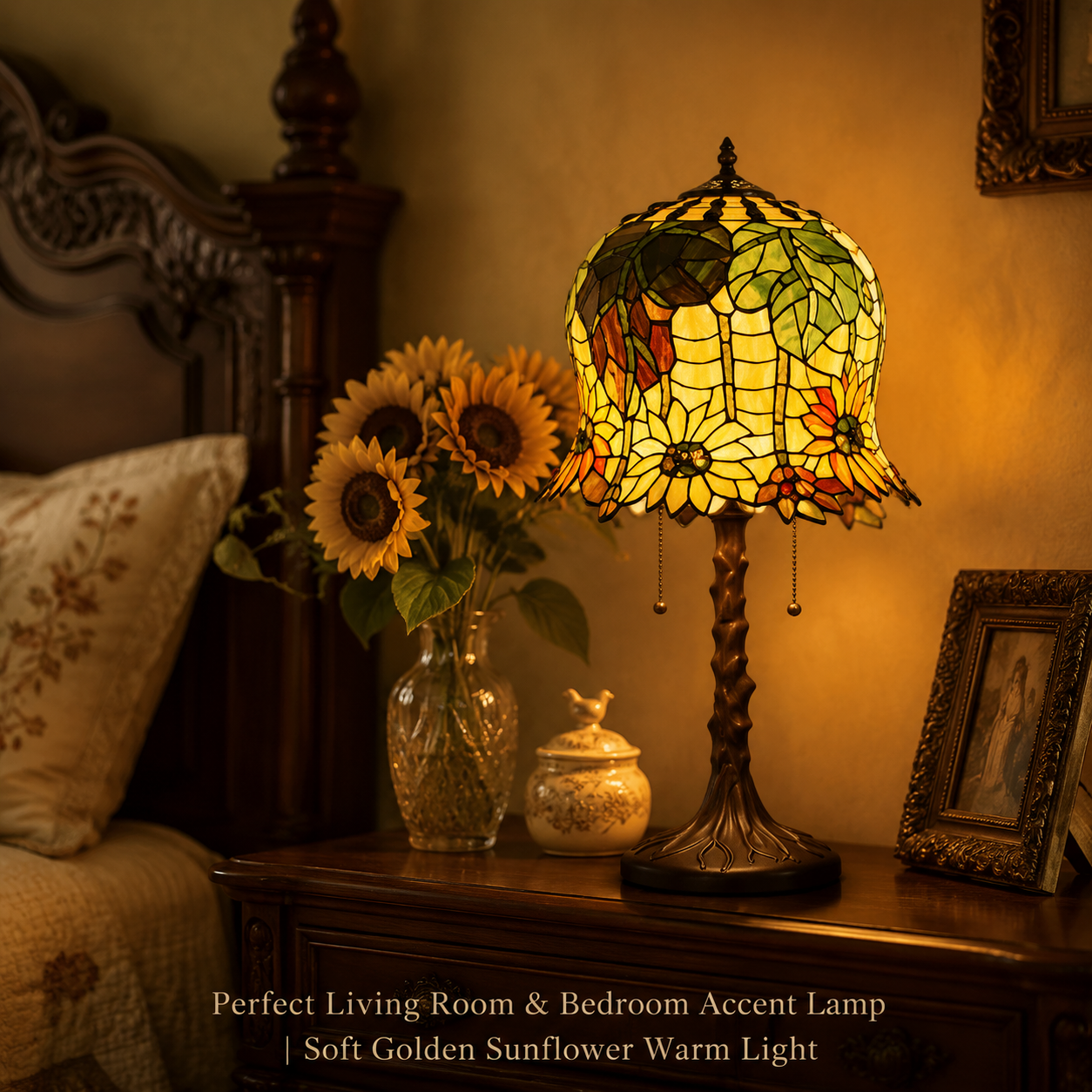Sunflower Tiffany bedside lamp used in bedroom, study and living room spaces with warm ambient lighting