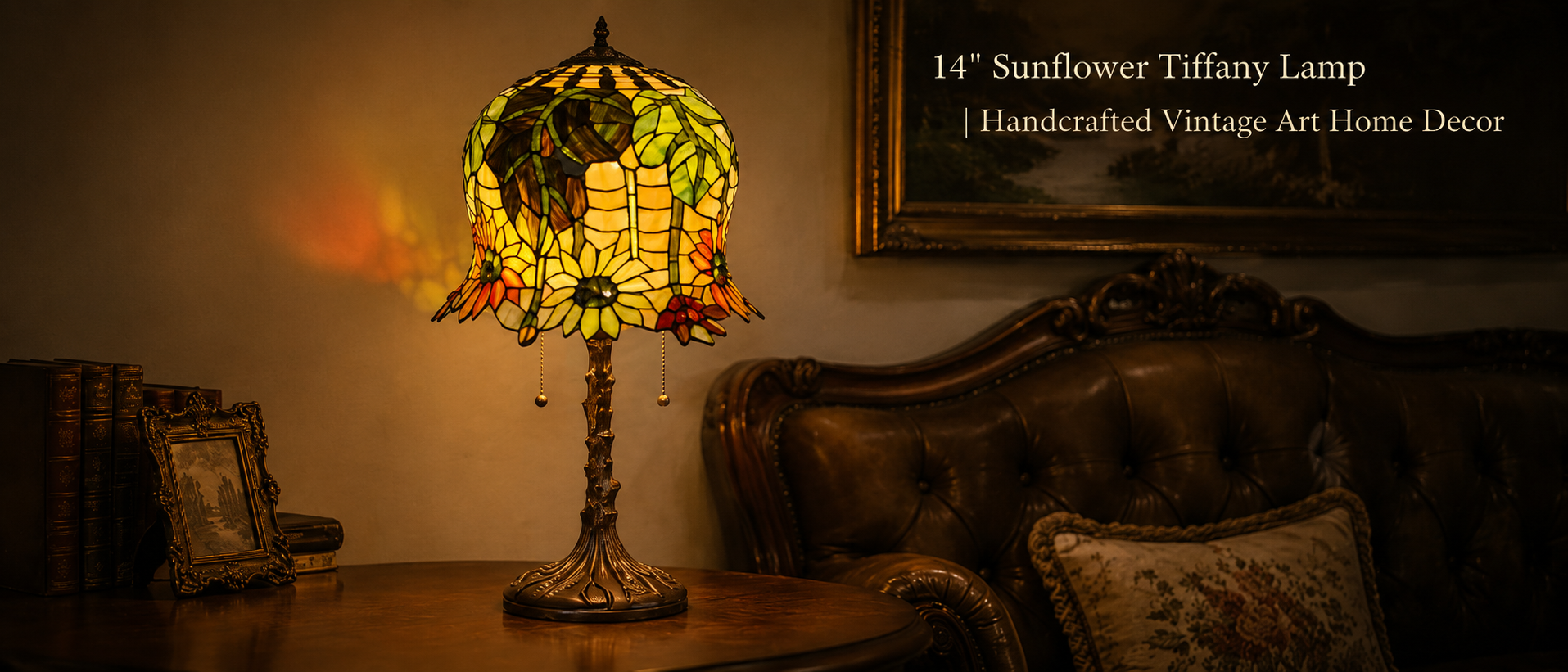 Sunflower Tiffany bedside lamp displayed in a vintage living room with warm ambient light and classic home decor